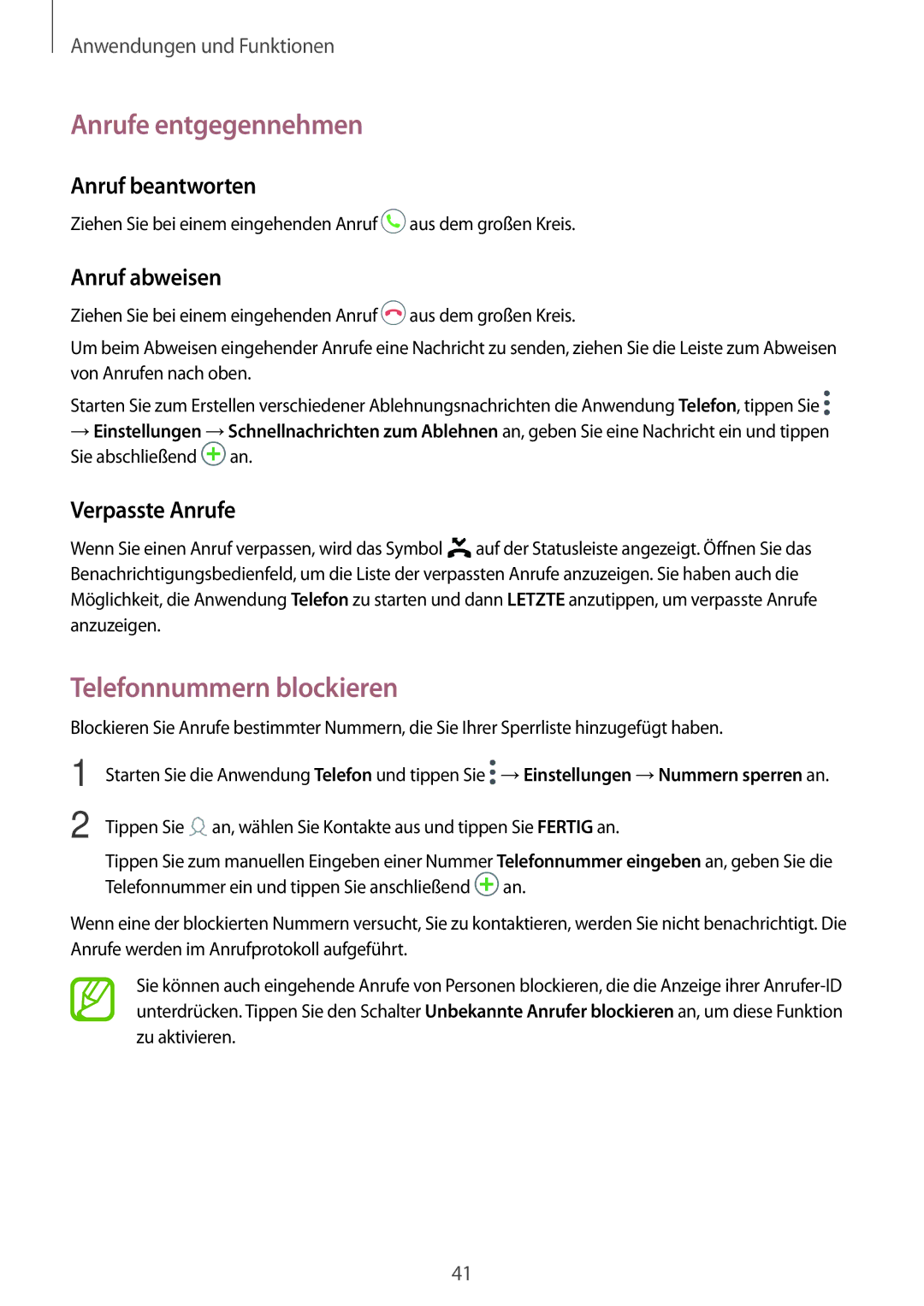 Samsung SM-T555NZKATPH, SM-T555NZKAAUT Anrufe entgegennehmen, Telefonnummern blockieren, Anruf beantworten, Anruf abweisen 