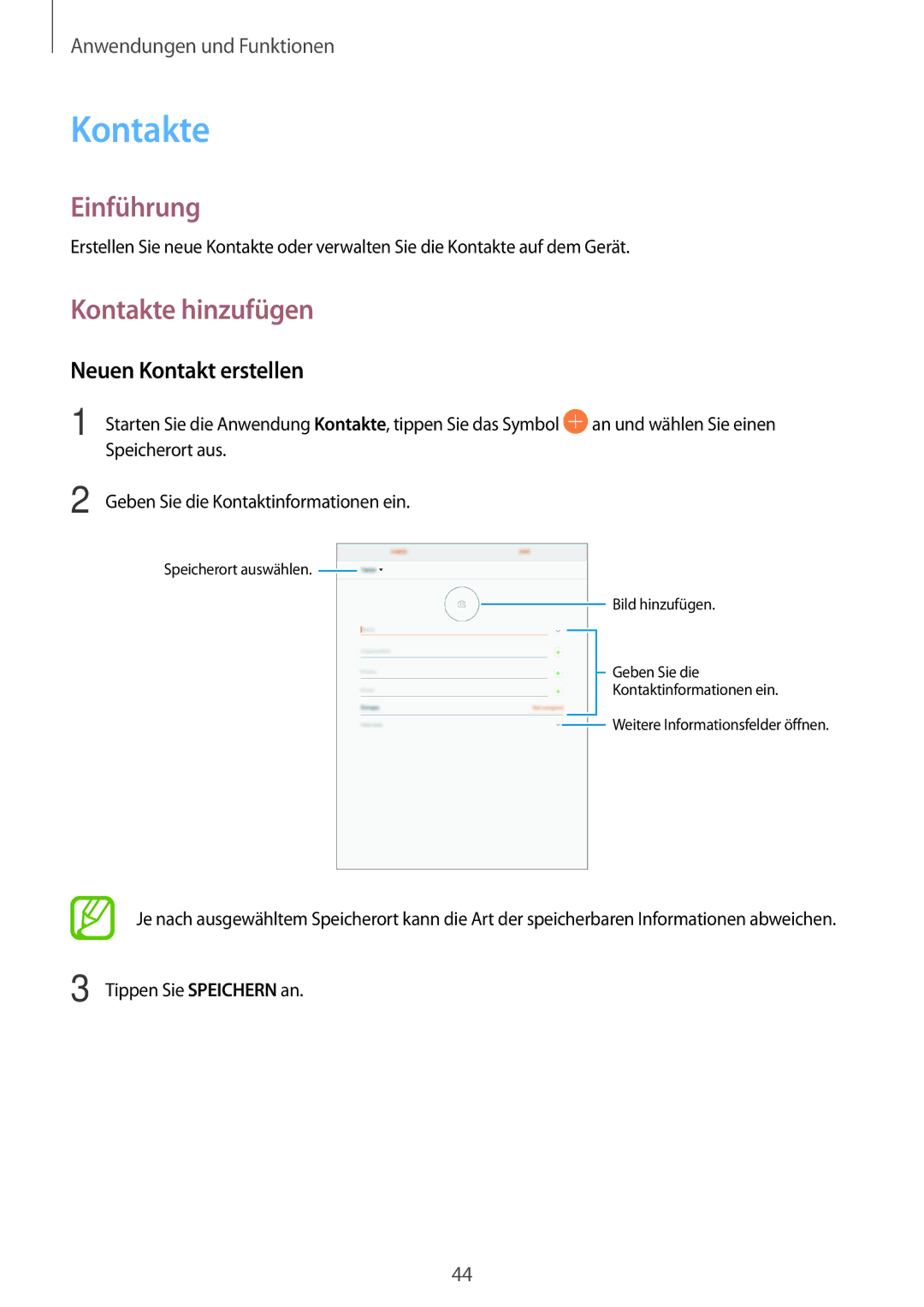 Samsung SM-T555NZKAMEO, SM-T555NZKAAUT, SM-T555NZKAATO, SM-T555NZKASEB manual Kontakte hinzufügen, Neuen Kontakt erstellen 