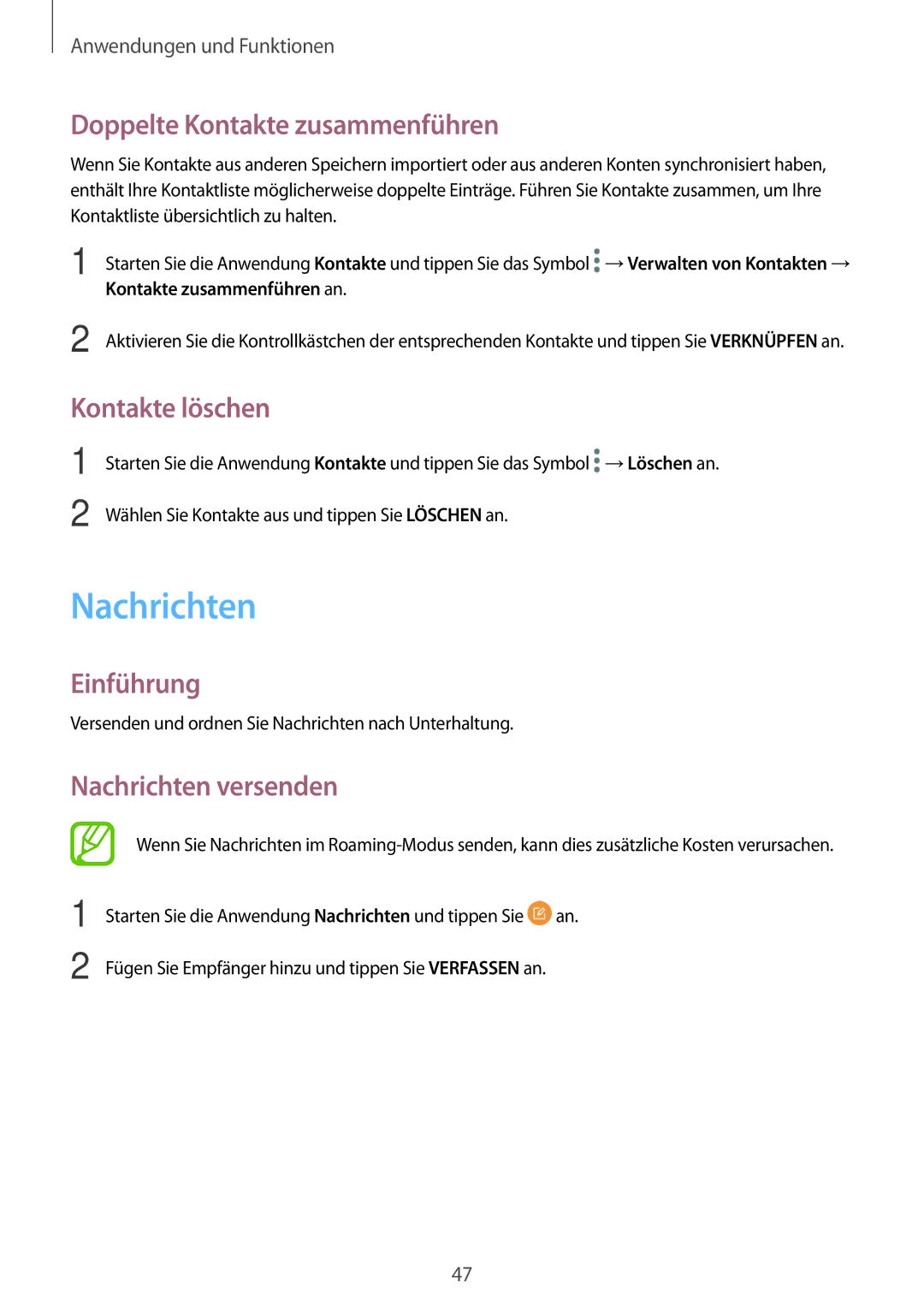 Samsung SM-T555NZWATPH, SM-T555NZKAAUT manual Doppelte Kontakte zusammenführen, Kontakte löschen, Nachrichten versenden 