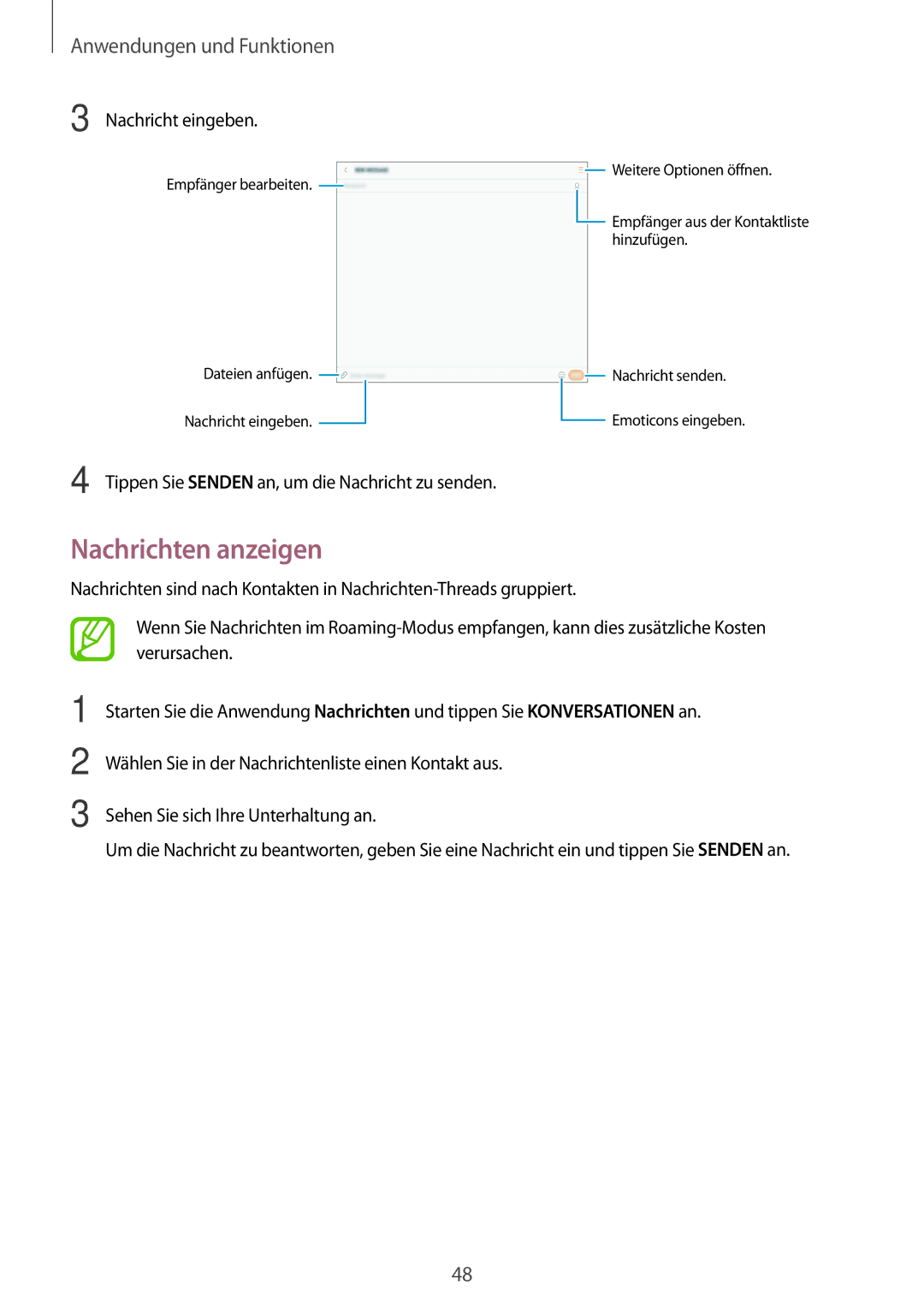 Samsung SM-T555NZKAEUR, SM-T555NZKAAUT, SM-T555NZKAATO, SM-T555NZKASEB manual Nachrichten anzeigen, Nachricht eingeben 