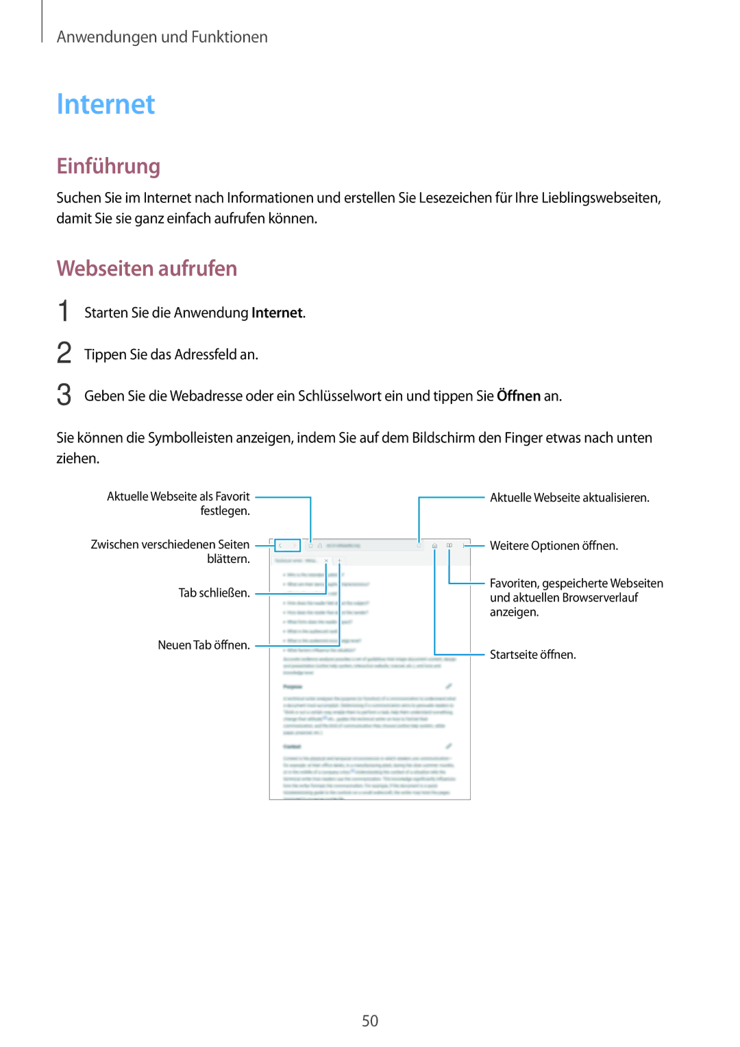 Samsung SM-T555NZWAVD2, SM-T555NZKAAUT, SM-T555NZKAATO, SM-T555NZKASEB, SM-T555NZKATPH manual Internet, Webseiten aufrufen 