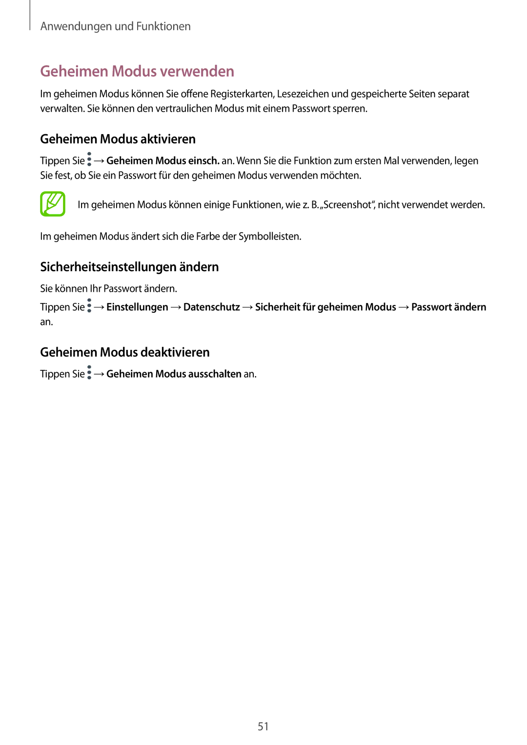 Samsung SM-T555NZWADBT manual Geheimen Modus verwenden, Geheimen Modus aktivieren, Sicherheitseinstellungen ändern 