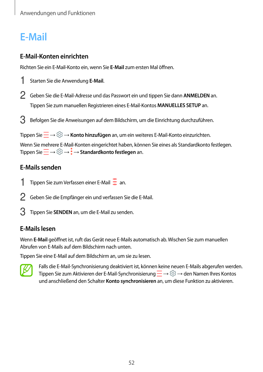 Samsung SM-T555NZKATCL, SM-T555NZKAAUT, SM-T555NZKAATO, SM-T555NZKASEB Mail-Konten einrichten, Mails senden, Mails lesen 