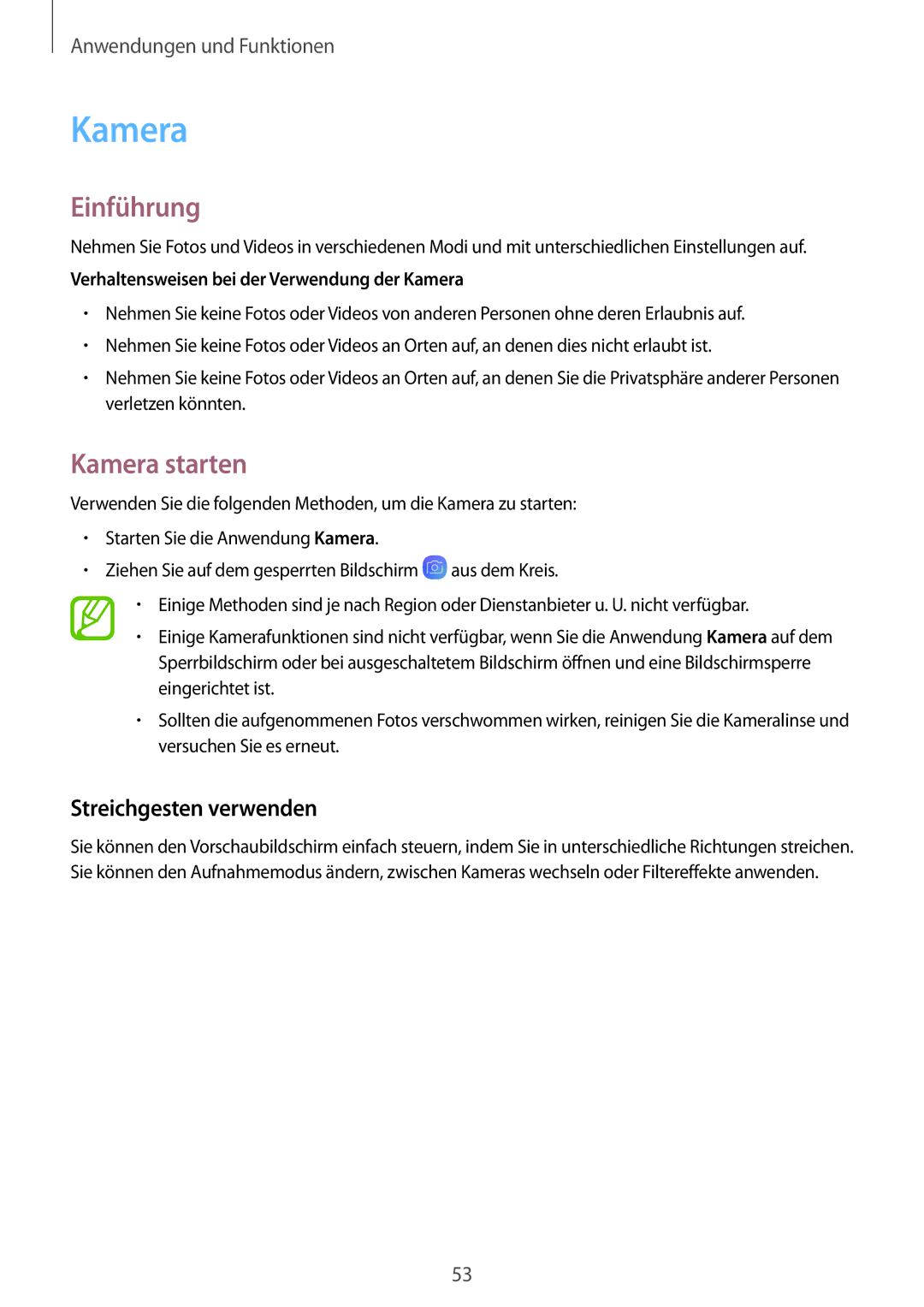 Samsung SM-T555NZWASEB manual Kamera starten, Streichgesten verwenden, Verhaltensweisen bei der Verwendung der Kamera 