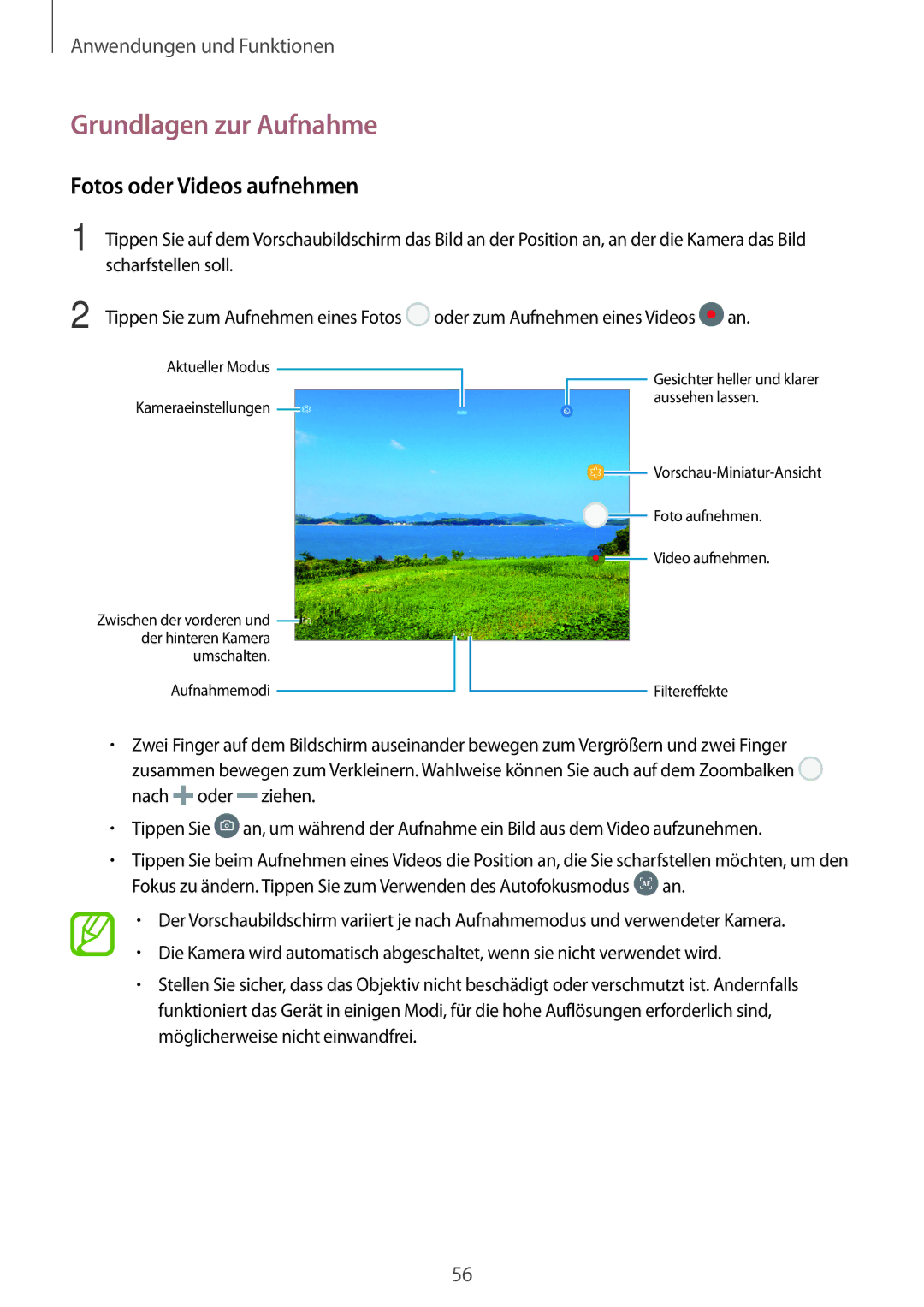 Samsung SM-T555NZWAXEF, SM-T555NZKAAUT, SM-T555NZKAATO, SM-T555NZKASEB Grundlagen zur Aufnahme, Fotos oder Videos aufnehmen 