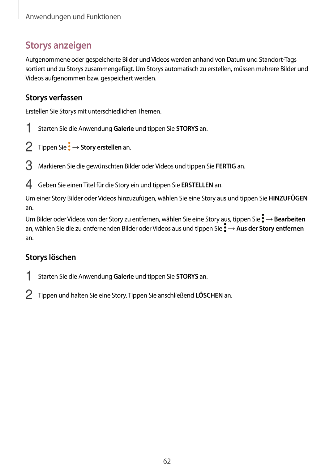 Samsung SM-T555NZWAEUR, SM-T555NZKAAUT Storys anzeigen, Storys verfassen, Storys löschen, Tippen Sie →Story erstellen an 