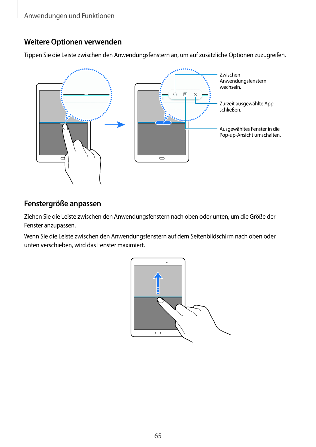 Samsung SM-T555NZKADBT, SM-T555NZKAAUT, SM-T555NZKAATO, SM-T555NZKASEB Weitere Optionen verwenden, Fenstergröße anpassen 