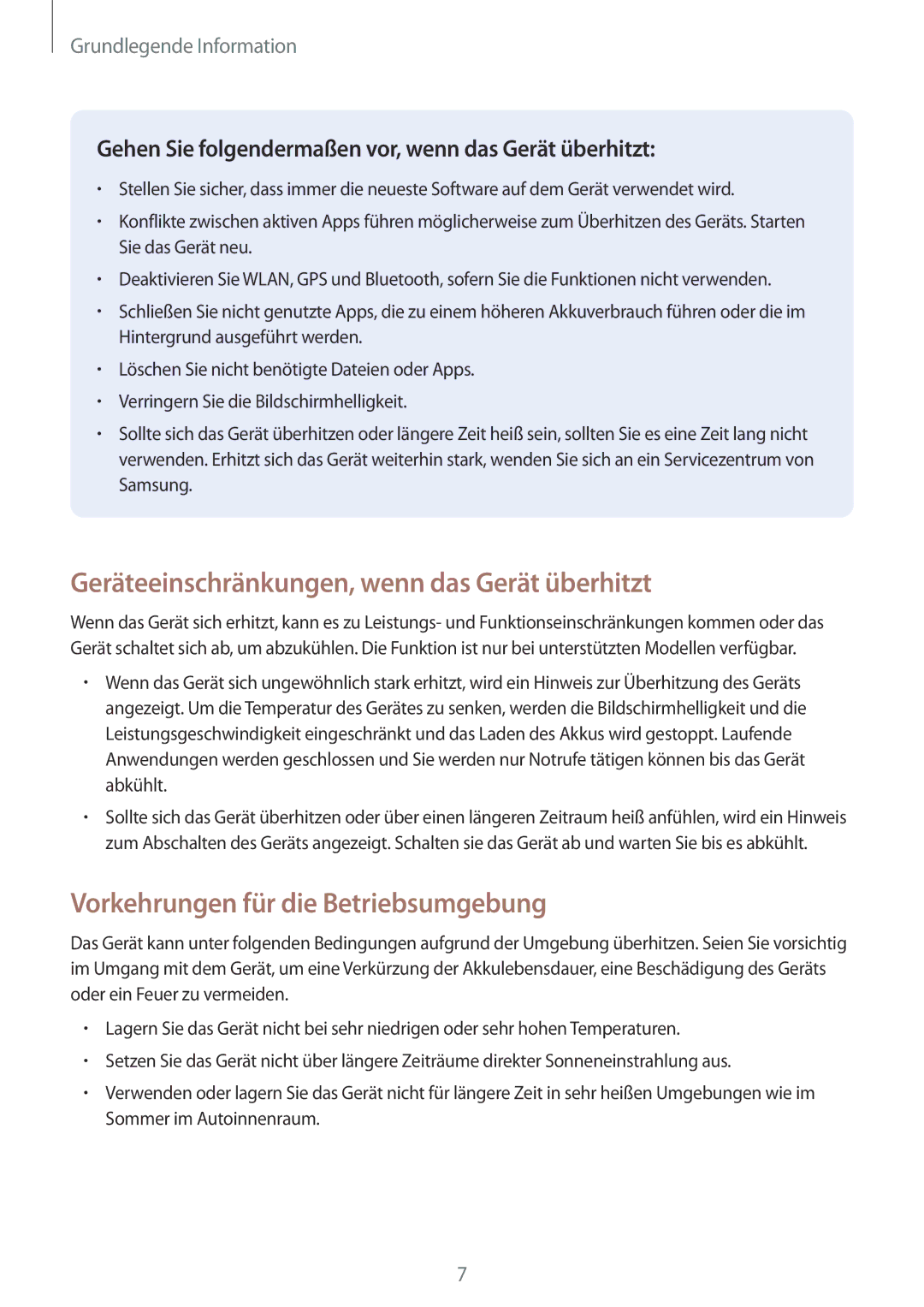 Samsung SM-T555NZKADDE manual Geräteeinschränkungen, wenn das Gerät überhitzt, Vorkehrungen für die Betriebsumgebung 