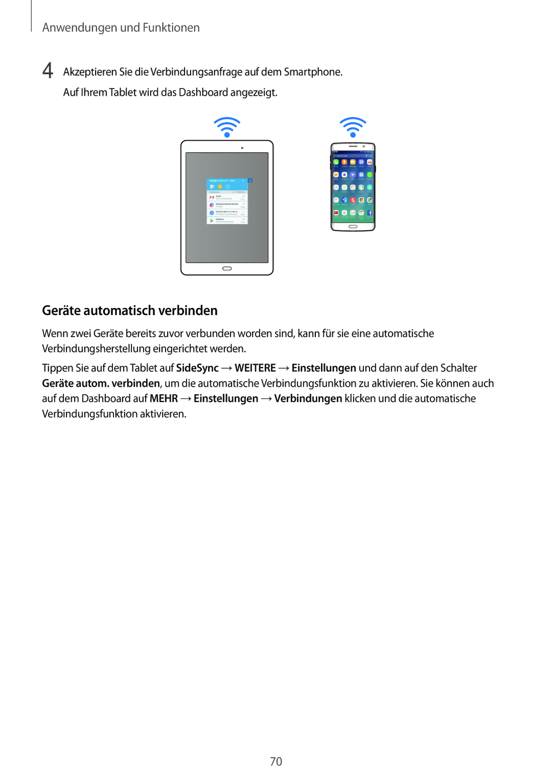 Samsung SM-T555NZWADBT, SM-T555NZKAAUT, SM-T555NZKAATO, SM-T555NZKASEB, SM-T555NZKATPH manual Geräte automatisch verbinden 