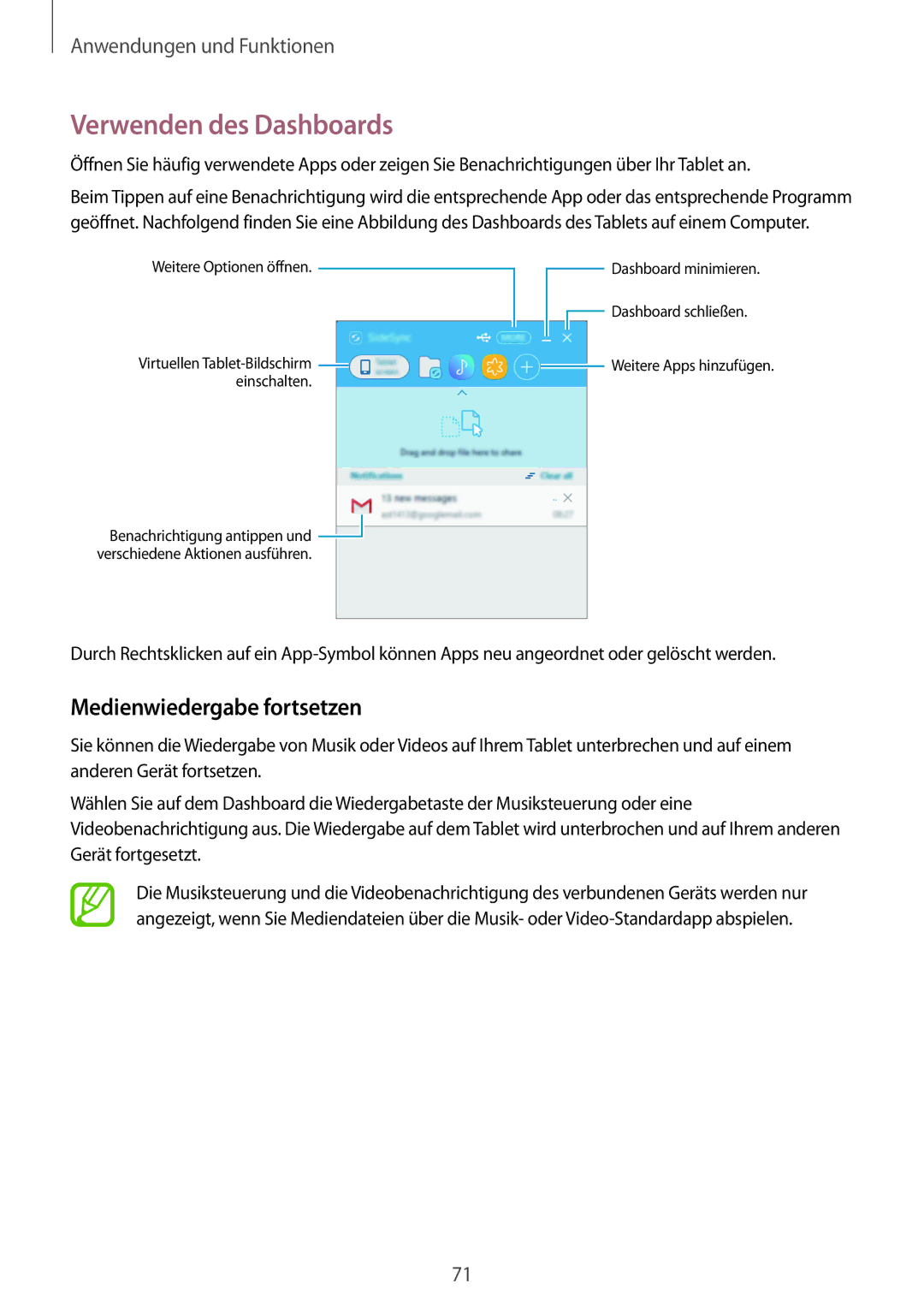 Samsung SM-T555NZKATCL, SM-T555NZKAAUT, SM-T555NZKAATO, SM-T555NZKASEB Verwenden des Dashboards, Medienwiedergabe fortsetzen 