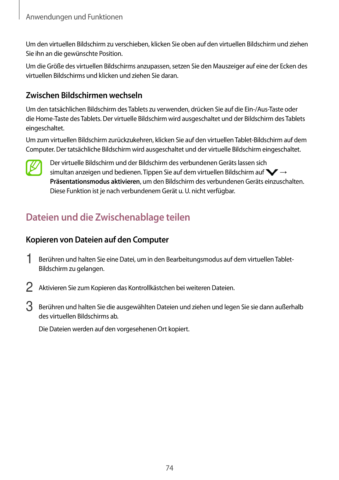 Samsung SM-T555NZWACOS, SM-T555NZKAAUT manual Dateien und die Zwischenablage teilen, Zwischen Bildschirmen wechseln 