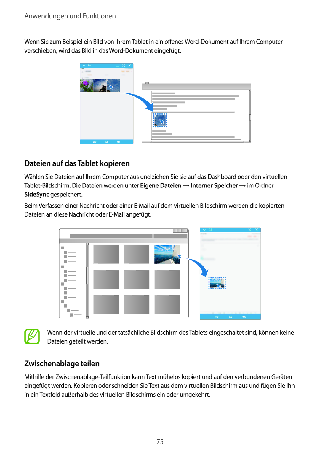 Samsung SM-T555NZWAXEF, SM-T555NZKAAUT, SM-T555NZKAATO manual Dateien auf das Tablet kopieren, Zwischenablage teilen 