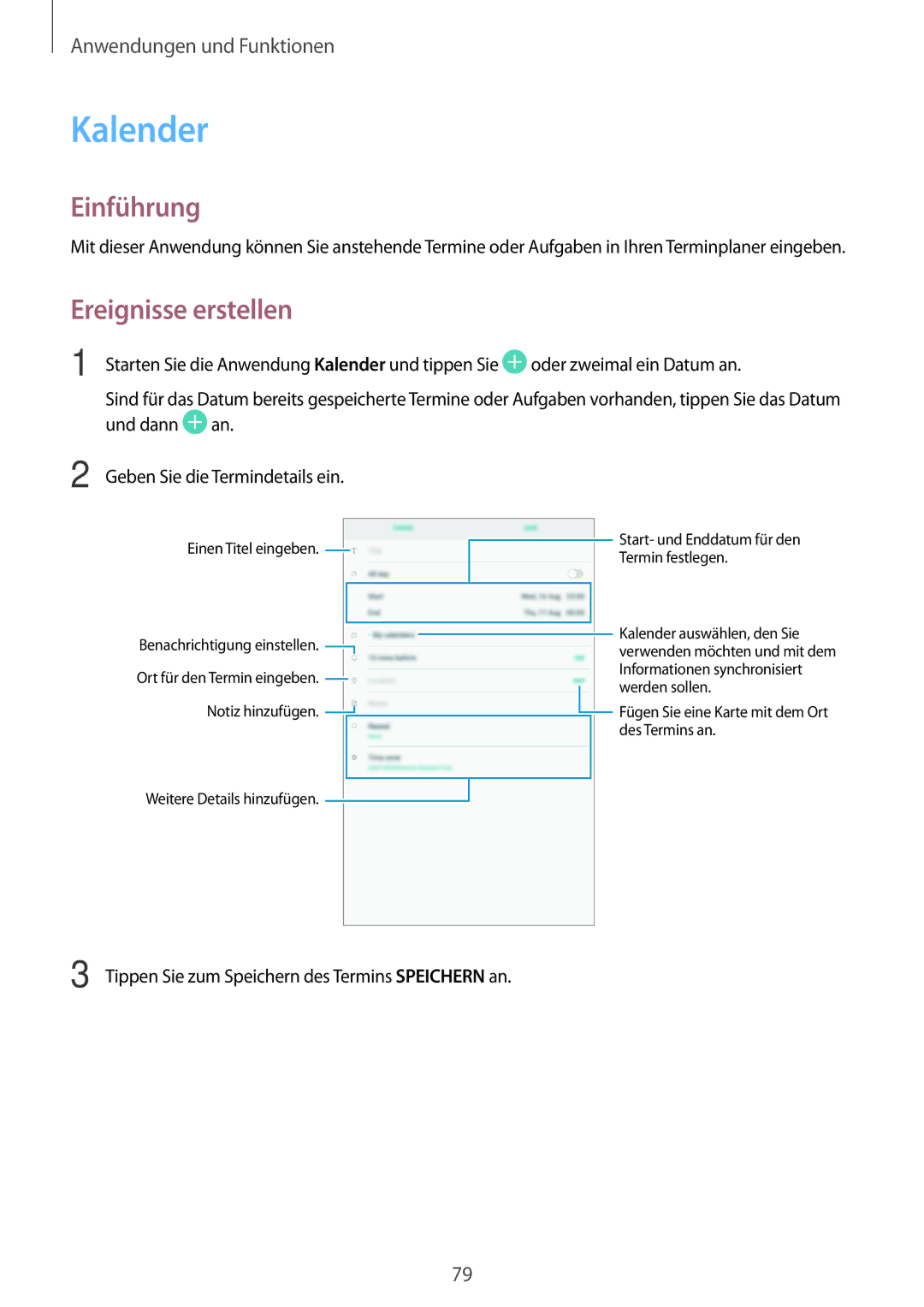 Samsung SM-T555NZKATPH, SM-T555NZKAAUT Kalender, Ereignisse erstellen, Tippen Sie zum Speichern des Termins Speichern an 