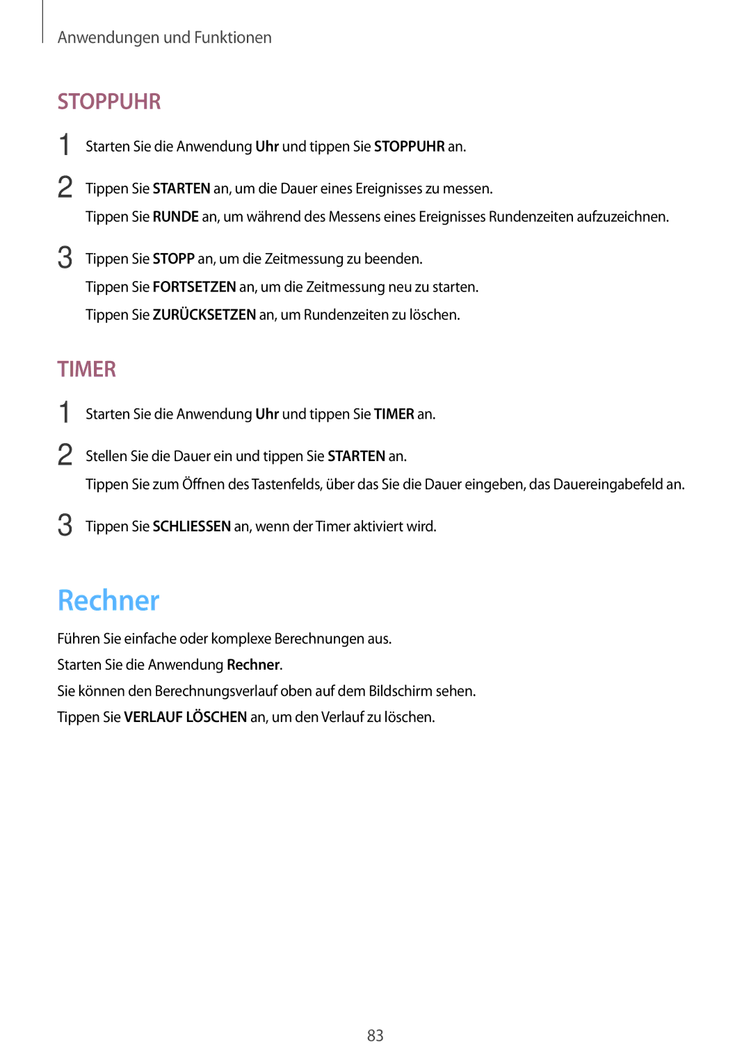 Samsung SM-T555NZKADDE, SM-T555NZKAAUT, SM-T555NZKAATO manual Rechner, Tippen Sie Stopp an, um die Zeitmessung zu beenden 