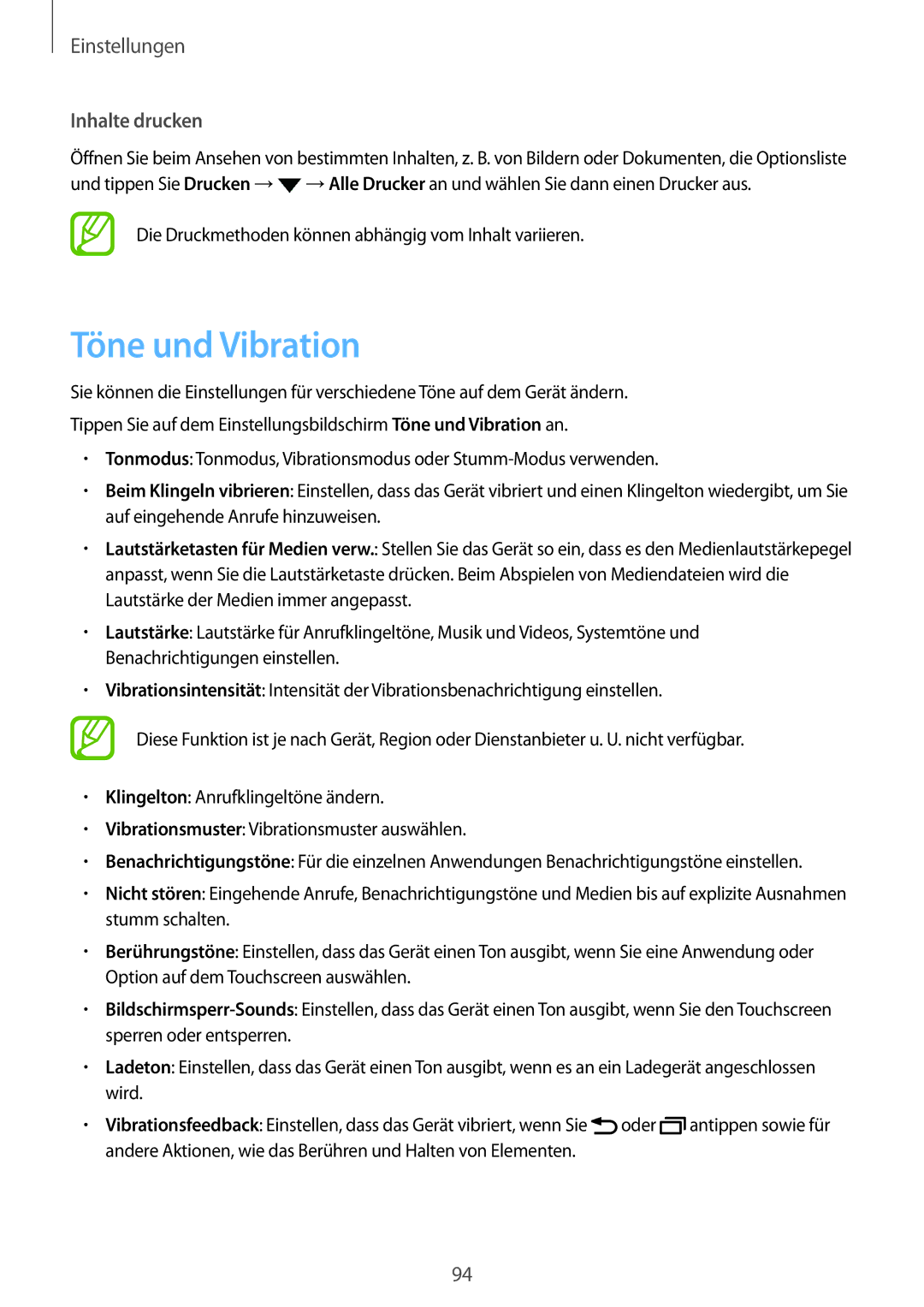 Samsung SM-T555NZWAXEF, SM-T555NZKAAUT manual Töne und Vibration, Die Druckmethoden können abhängig vom Inhalt variieren 