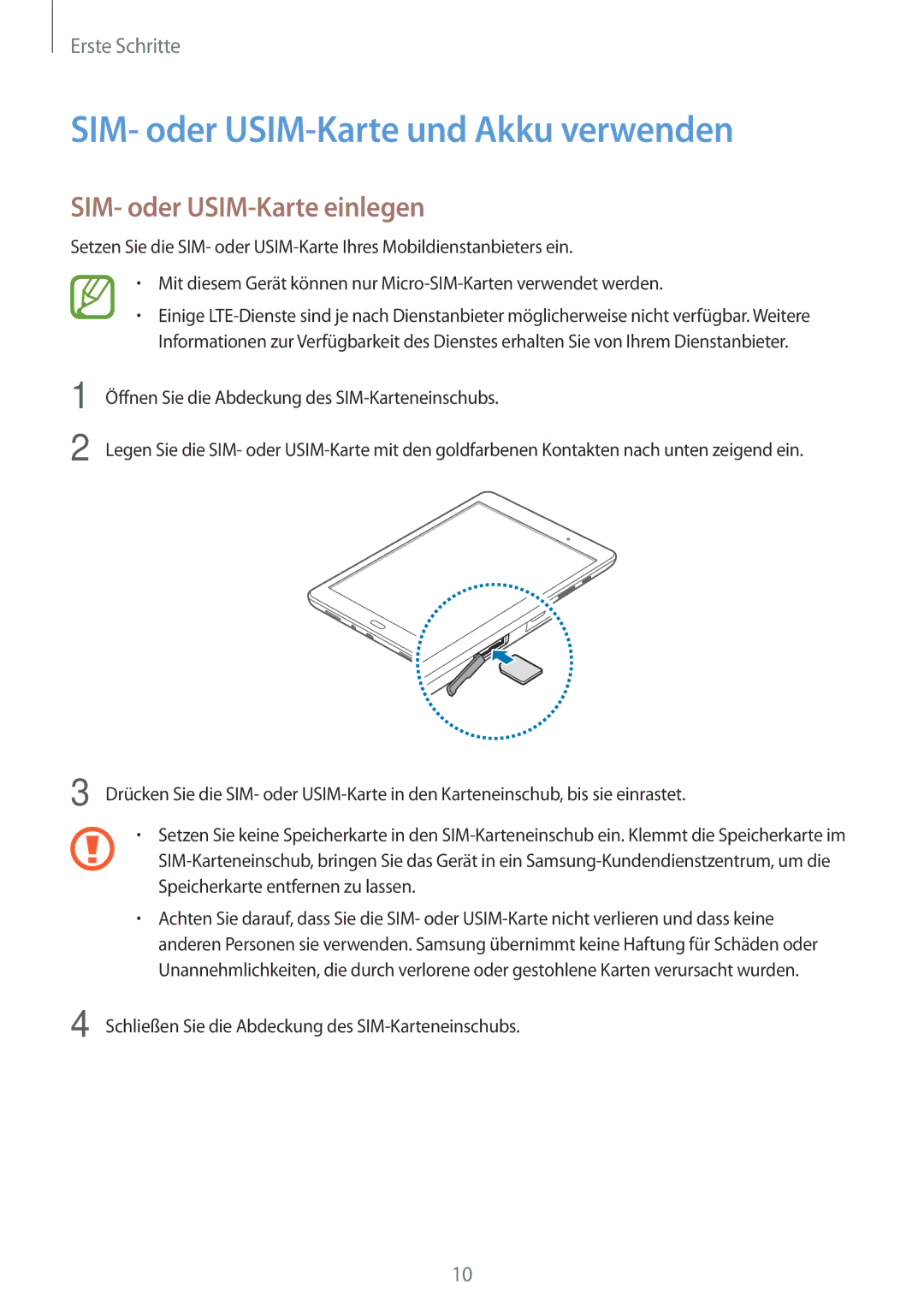 Samsung SM-T555NZKAEUR, SM-T555NZKAAUT manual SIM- oder USIM-Karte und Akku verwenden, SIM- oder USIM-Karte einlegen 