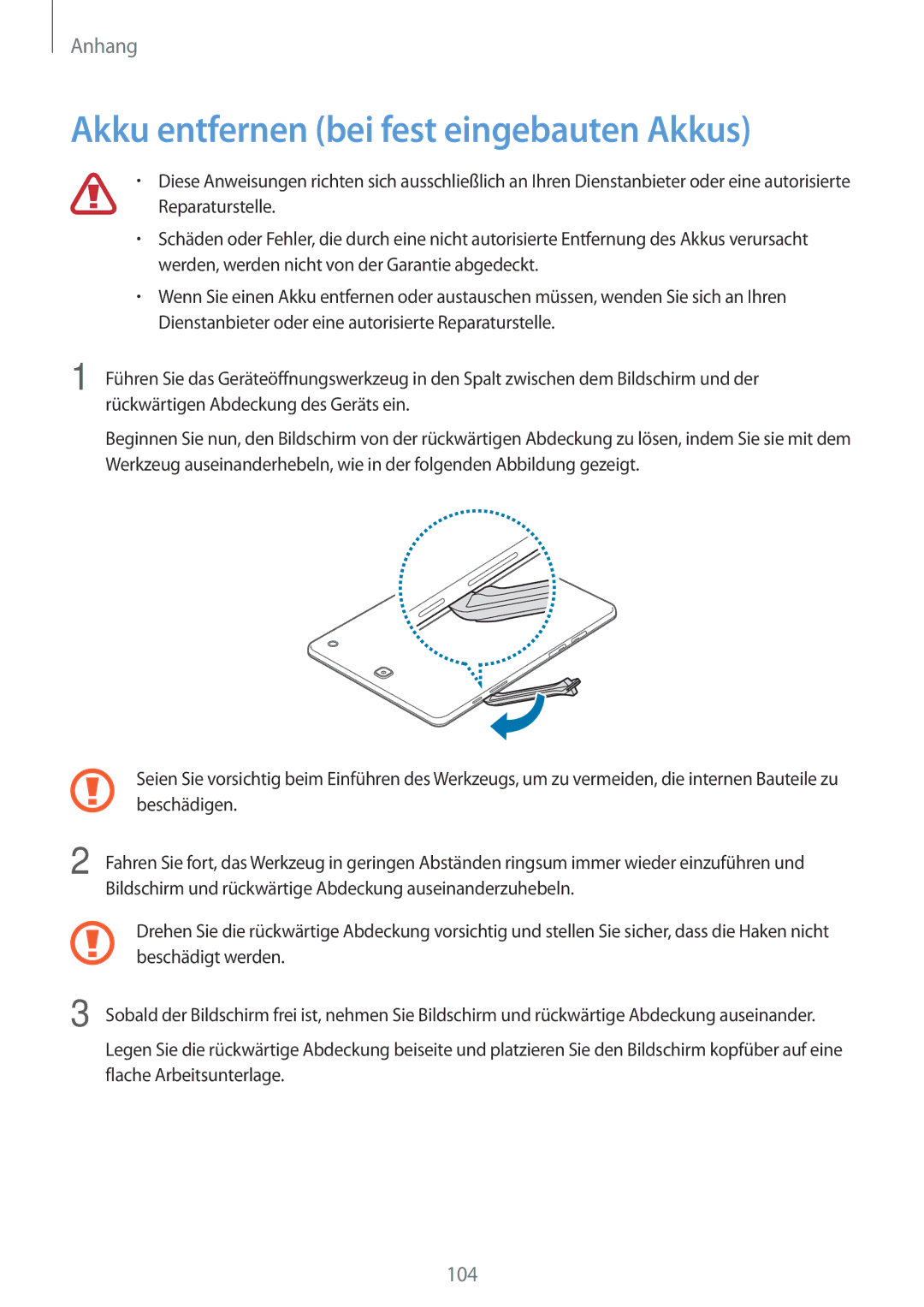 Samsung SM-T555NZWATPH, SM-T555NZKAAUT, SM-T555NZKAATO, SM-T555NZKASEB manual Akku entfernen bei fest eingebauten Akkus 