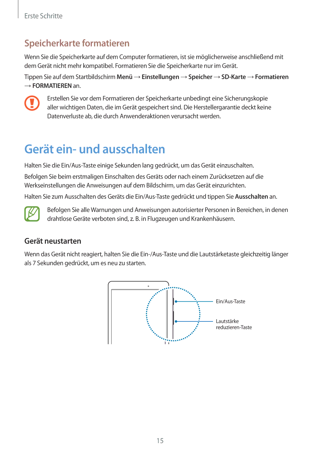 Samsung SM-T555NZWASEB, SM-T555NZKAAUT manual Gerät ein- und ausschalten, Speicherkarte formatieren, Gerät neustarten 