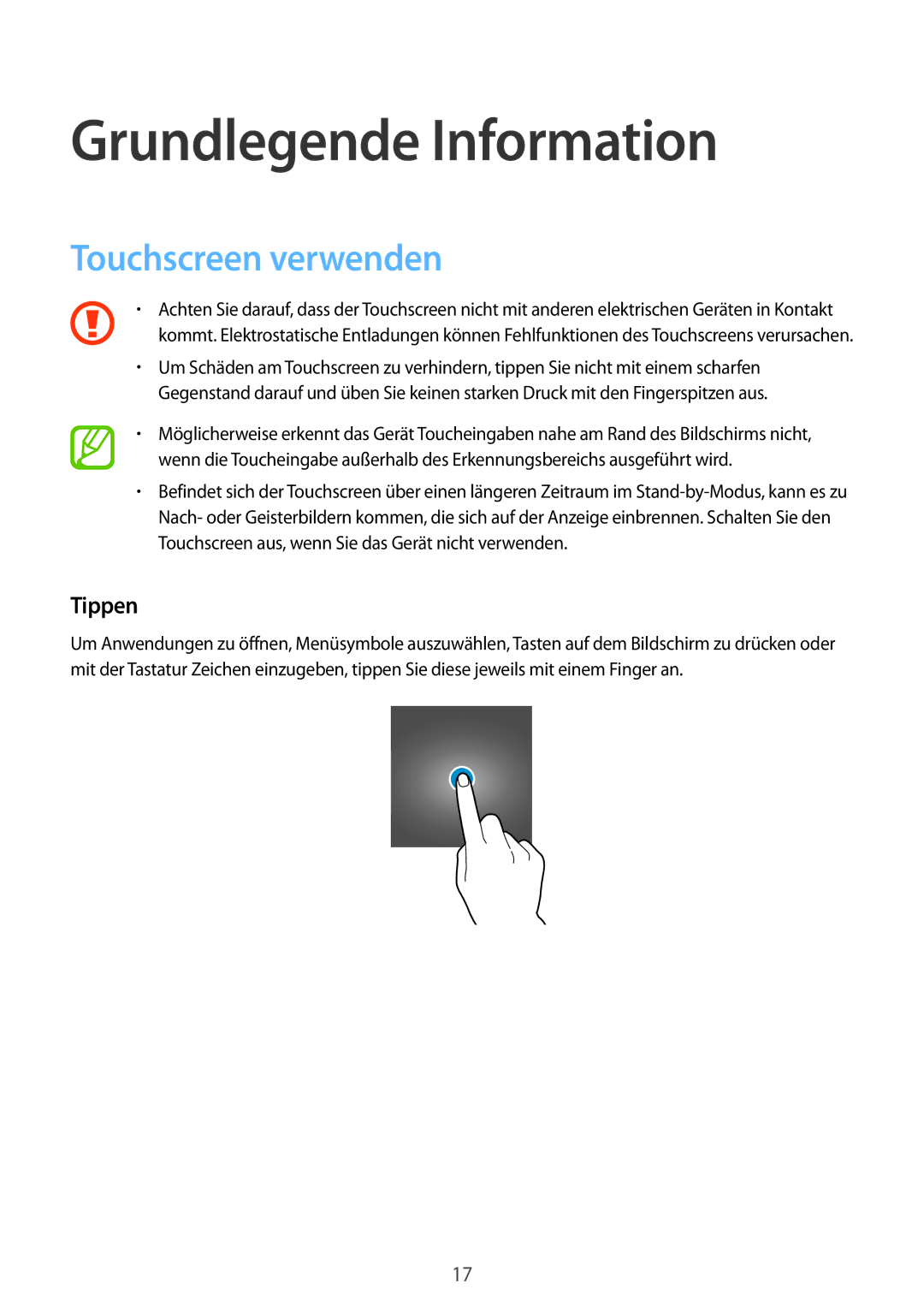 Samsung SM-T555NZWACOS, SM-T555NZKAAUT, SM-T555NZKAATO manual Grundlegende Information, Touchscreen verwenden, Tippen 