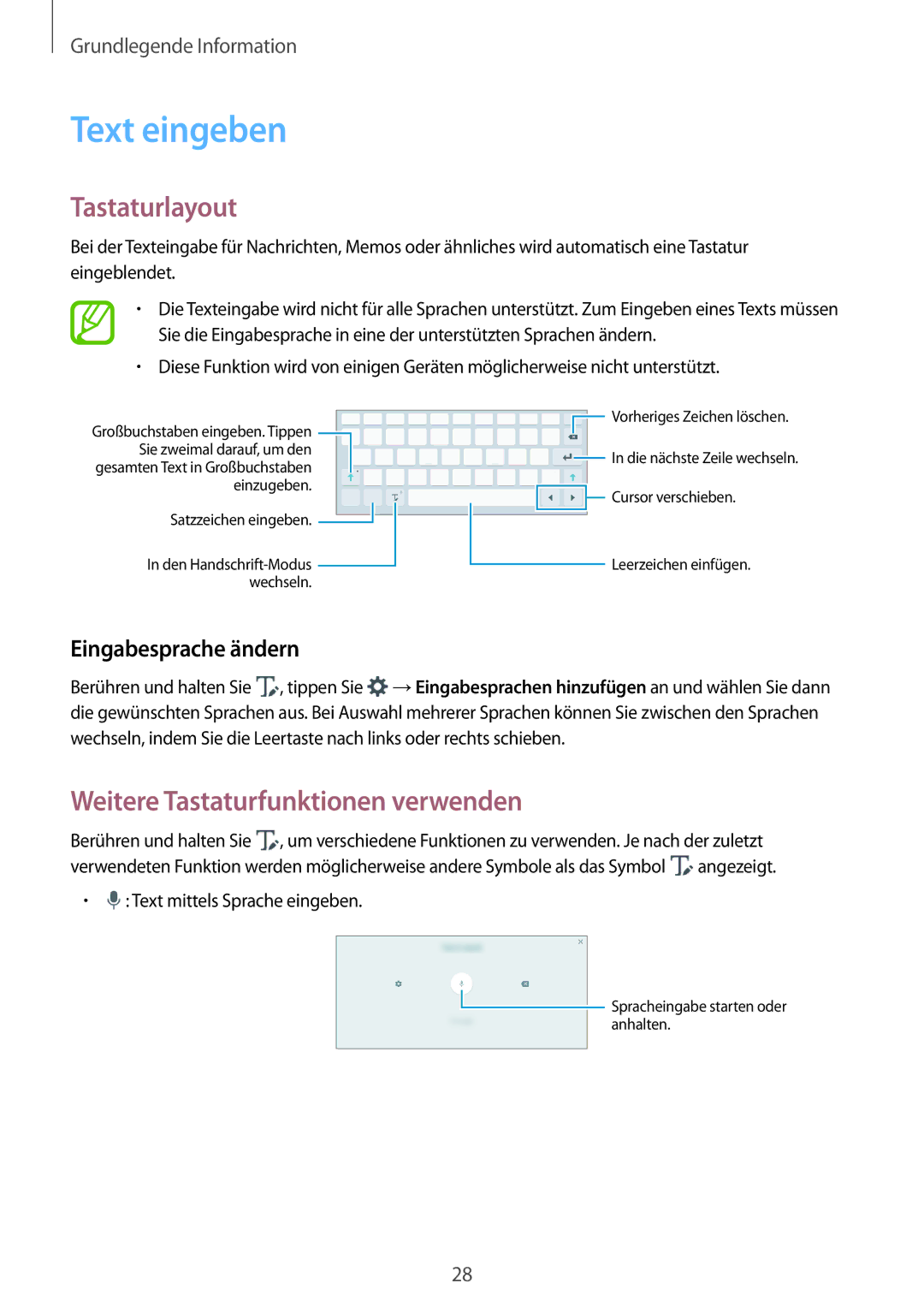 Samsung SM-T555NZWATPH manual Text eingeben, Tastaturlayout, Weitere Tastaturfunktionen verwenden, Eingabesprache ändern 