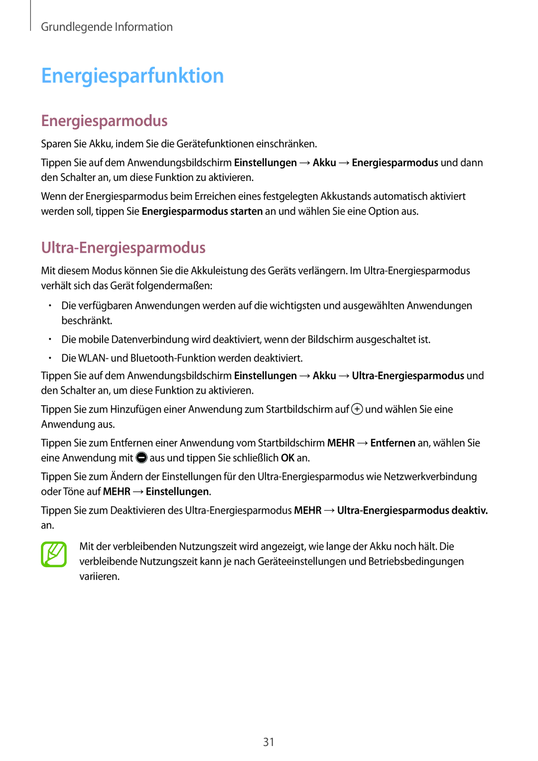 Samsung SM-T555NZWAVD2, SM-T555NZKAAUT, SM-T555NZKAATO, SM-T555NZKASEB manual Energiesparfunktion, Ultra-Energiesparmodus 