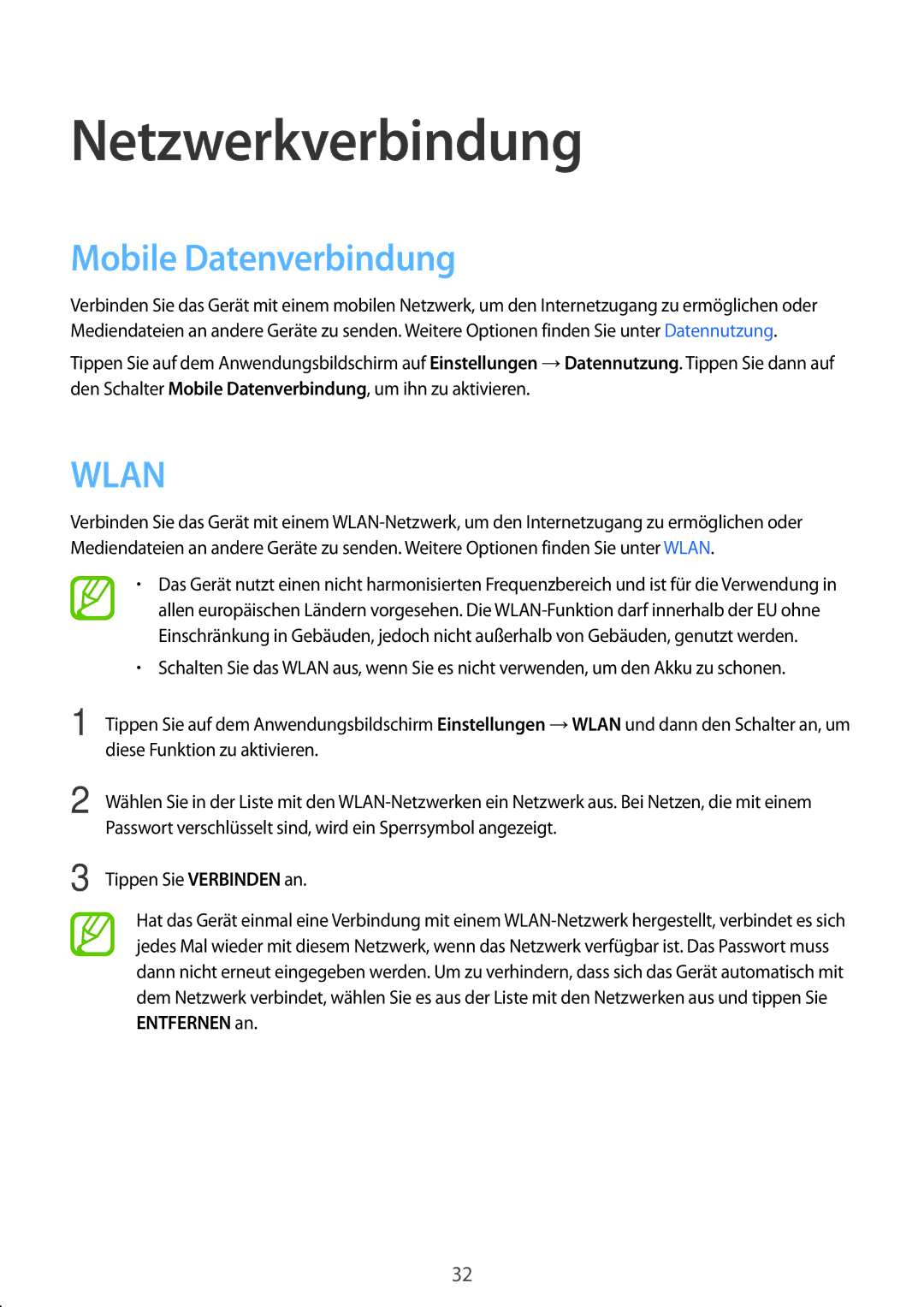 Samsung SM-T555NZWADBT, SM-T555NZKAAUT, SM-T555NZKAATO, SM-T555NZKASEB manual Netzwerkverbindung, Mobile Datenverbindung 