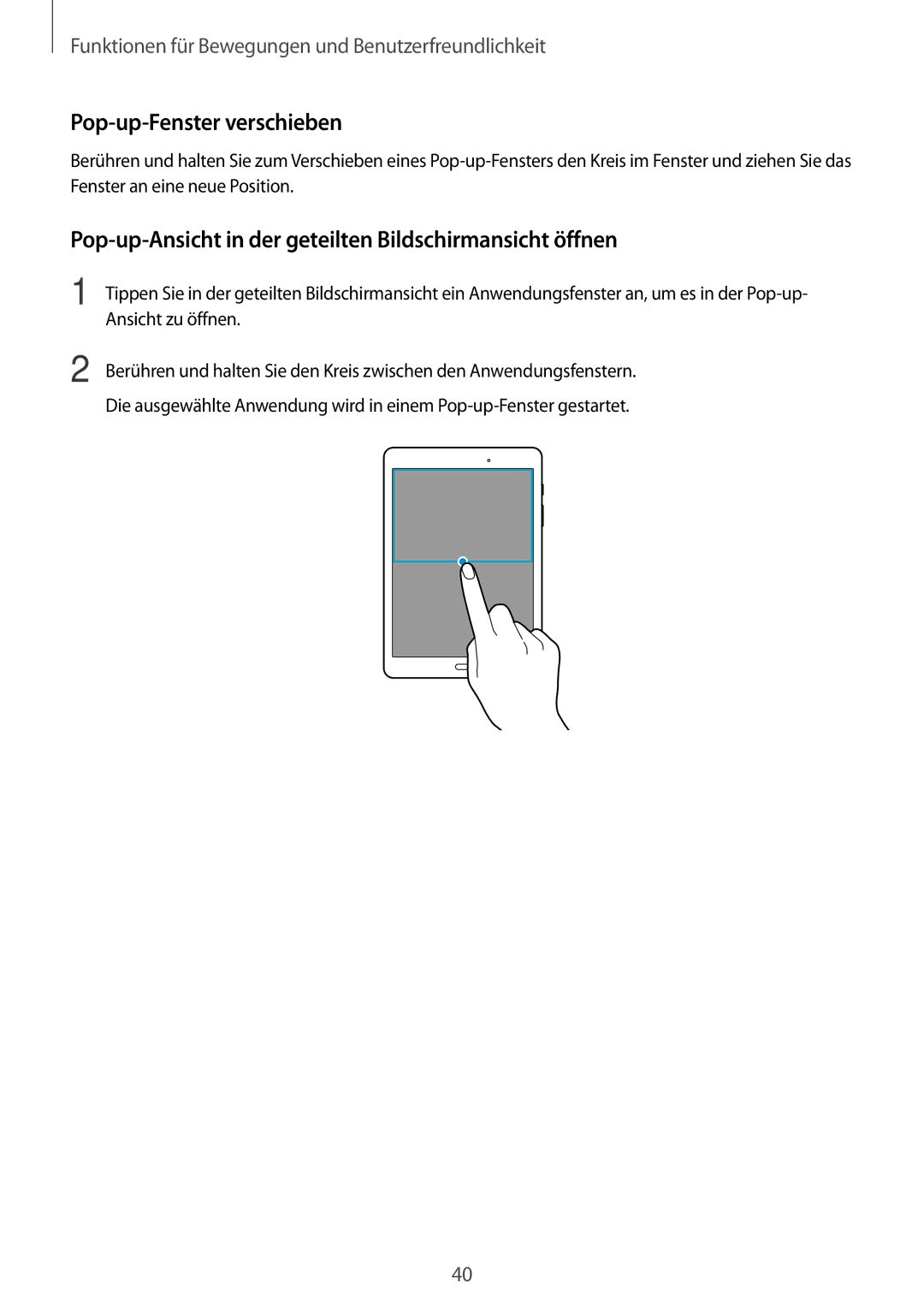 Samsung SM-T555NZKASEB manual Pop-up-Fenster verschieben, Pop-up-Ansicht in der geteilten Bildschirmansicht öffnen 