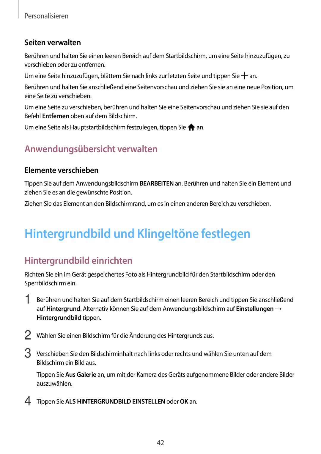 Samsung SM-T555NZWAATO manual Hintergrundbild und Klingeltöne festlegen, Anwendungsübersicht verwalten, Seiten verwalten 