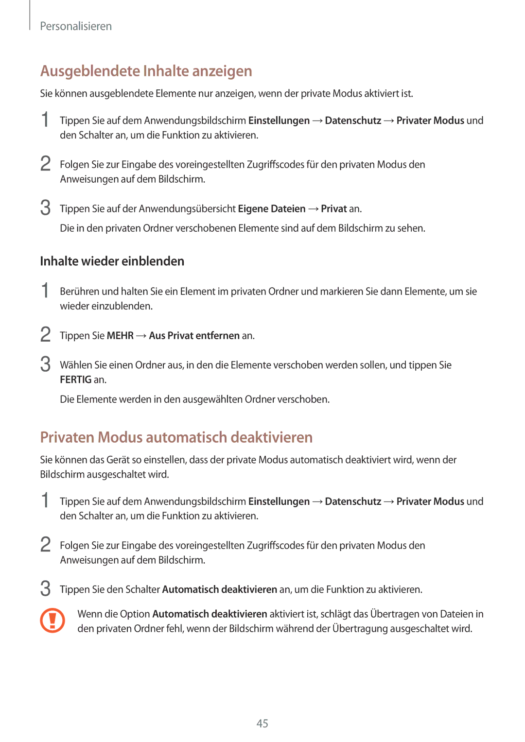 Samsung SM-T555NZKADDE Ausgeblendete Inhalte anzeigen, Privaten Modus automatisch deaktivieren, Inhalte wieder einblenden 