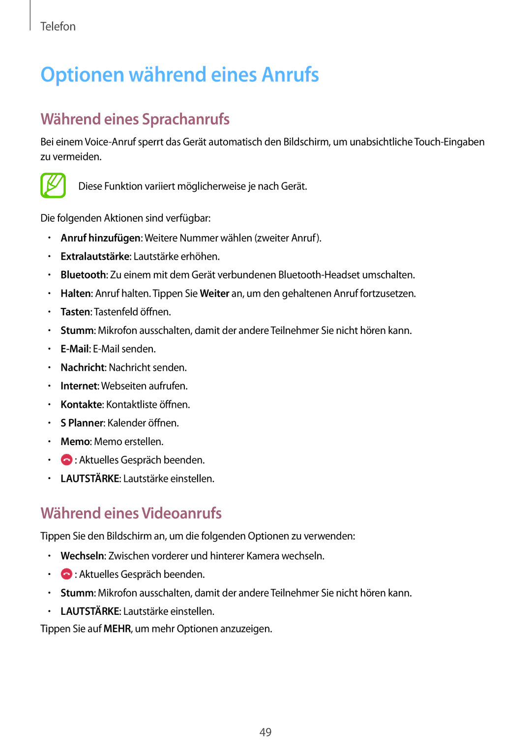 Samsung SM-T555NZKACOS manual Optionen während eines Anrufs, Während eines Sprachanrufs, Während eines Videoanrufs 