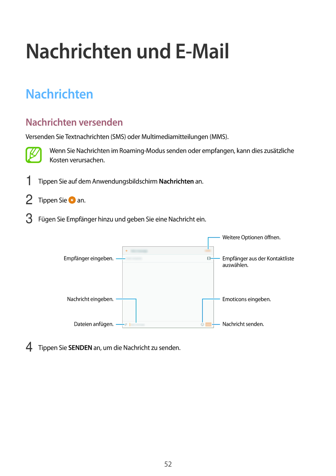 Samsung SM-T555NZKATCL, SM-T555NZKAAUT, SM-T555NZKAATO, SM-T555NZKASEB manual Nachrichten und E-Mail, Nachrichten versenden 