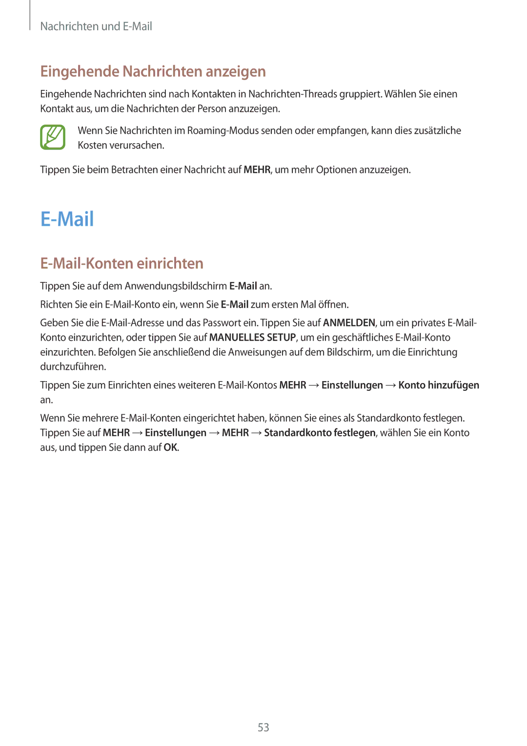 Samsung SM-T555NZWASEB, SM-T555NZKAAUT, SM-T555NZKAATO manual Eingehende Nachrichten anzeigen, Mail-Konten einrichten 