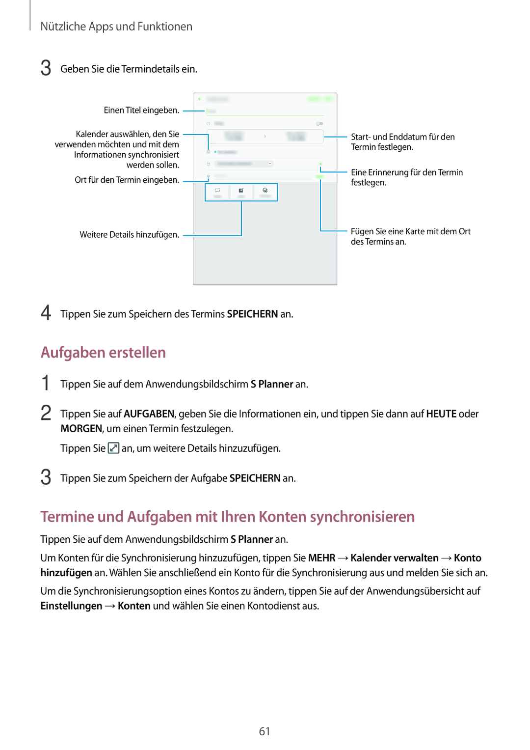 Samsung SM-T555NZWAATO, SM-T555NZKAAUT manual Aufgaben erstellen, Termine und Aufgaben mit Ihren Konten synchronisieren 