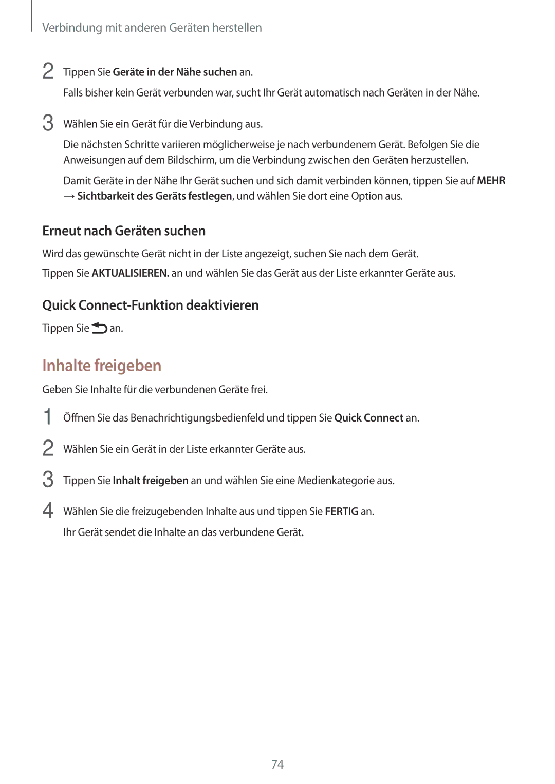 Samsung SM-T555NZWACOS, SM-T555NZKAAUT Inhalte freigeben, Erneut nach Geräten suchen, Quick Connect-Funktion deaktivieren 