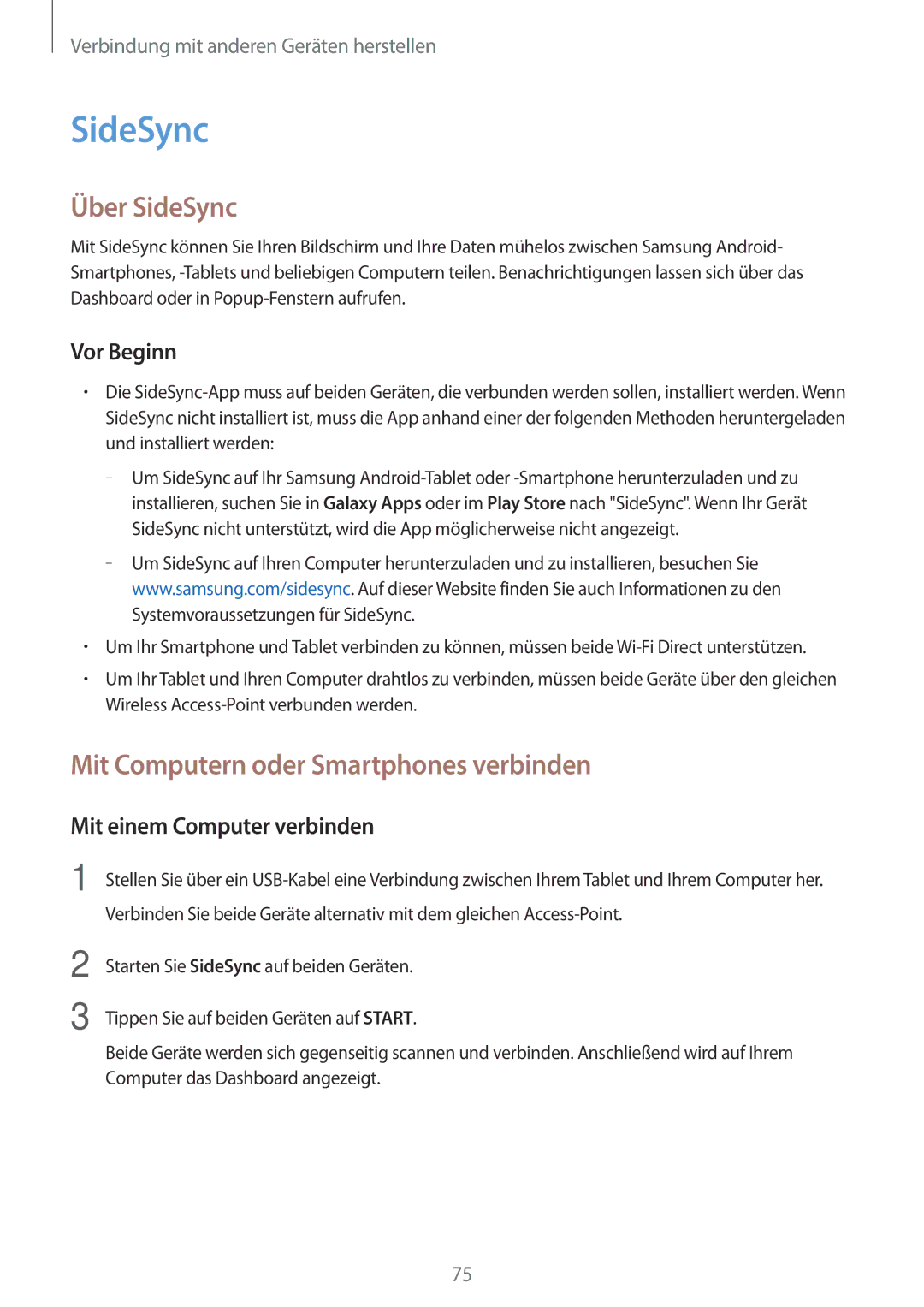 Samsung SM-T555NZWAXEF, SM-T555NZKAAUT manual Über SideSync, Mit Computern oder Smartphones verbinden, Vor Beginn 