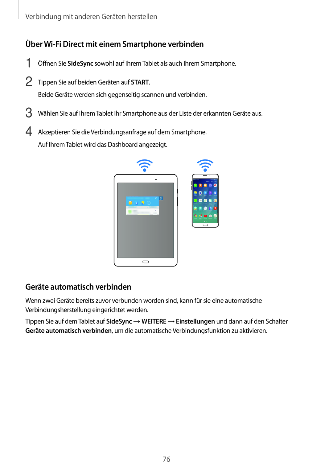 Samsung SM-T555NZKAAUT, SM-T555NZKAATO manual Über Wi-Fi Direct mit einem Smartphone verbinden, Geräte automatisch verbinden 