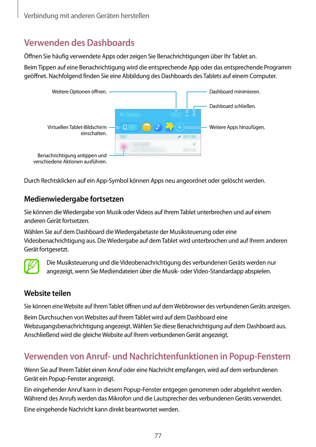 Samsung SM-T555NZKAATO, SM-T555NZKAAUT manual Verwenden des Dashboards, Medienwiedergabe fortsetzen, Website teilen 