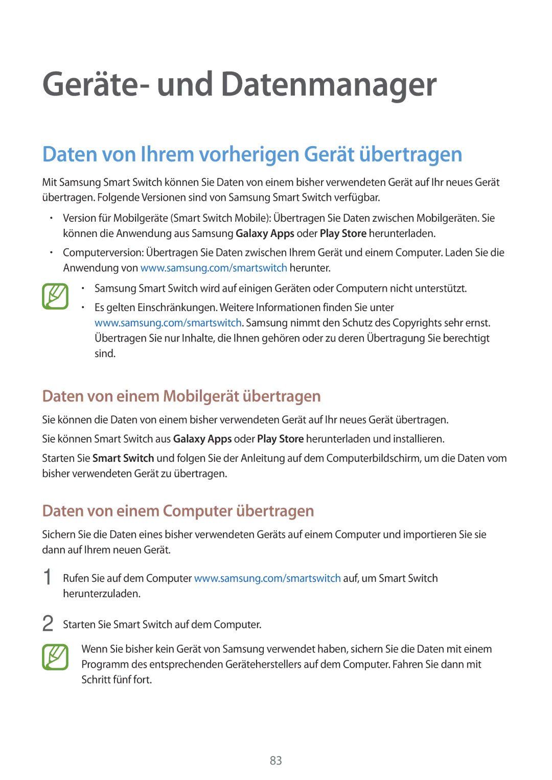 Samsung SM-T555NZKADDE, SM-T555NZKAAUT manual Geräte- und Datenmanager, Daten von Ihrem vorherigen Gerät übertragen 