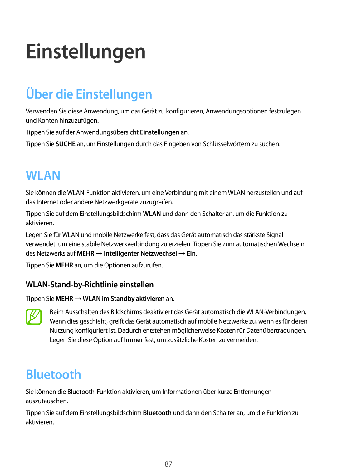 Samsung SM-T555NZKACOS, SM-T555NZKAAUT, SM-T555NZKAATO manual Über die Einstellungen, WLAN-Stand-by-Richtlinie einstellen 