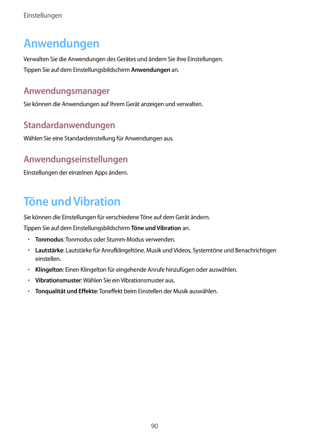 Samsung SM-T555NZKATCL Anwendungen, Töne und Vibration, Anwendungsmanager, Standardanwendungen, Anwendungseinstellungen 