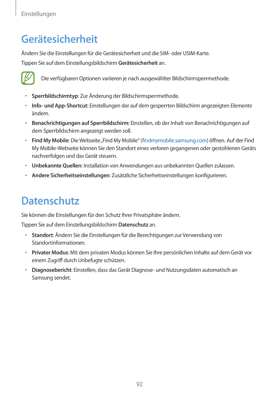 Samsung SM-T555NZKABTU, SM-T555NZKAAUT, SM-T555NZKAATO, SM-T555NZKASEB, SM-T555NZKATPH manual Gerätesicherheit, Datenschutz 