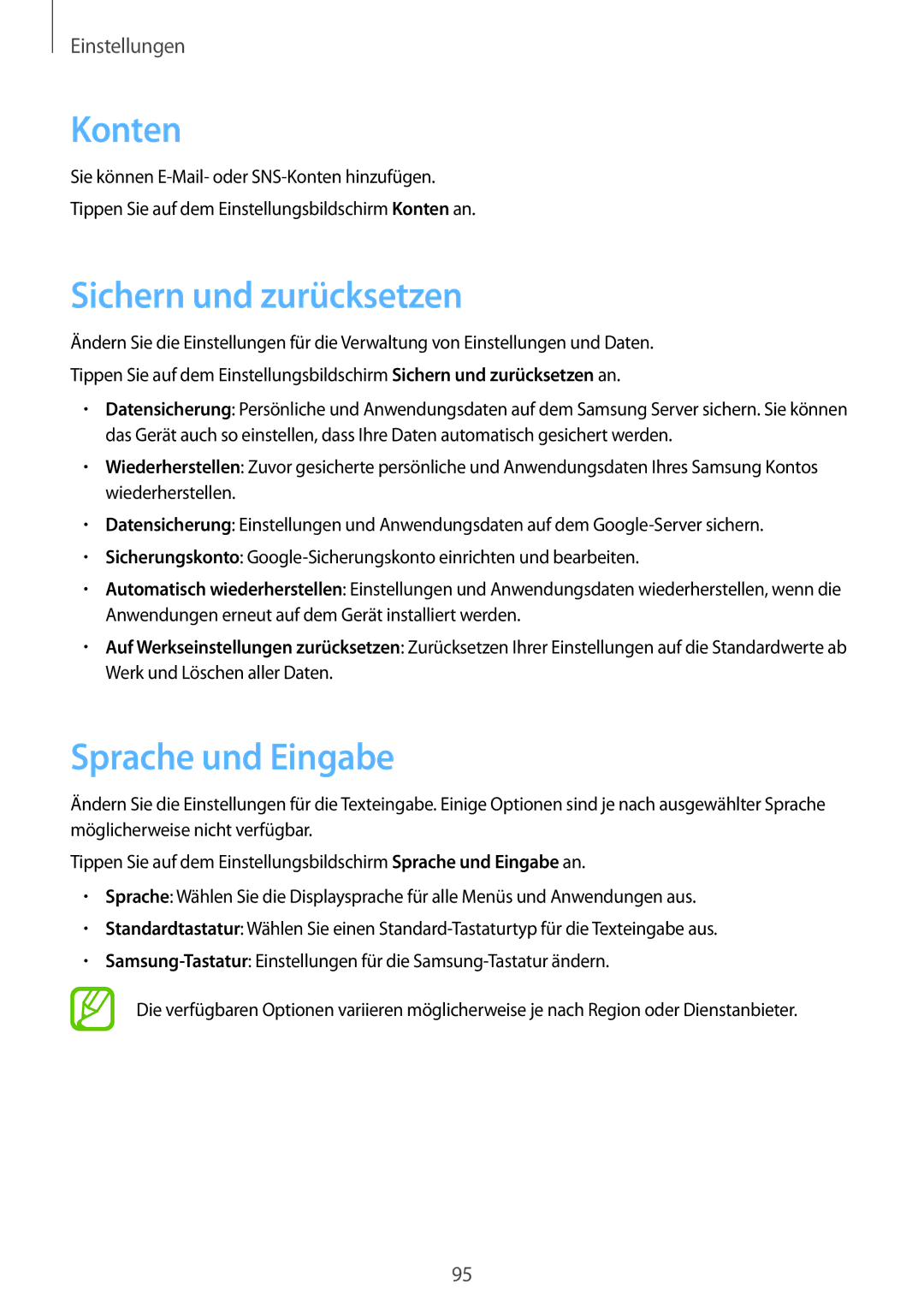 Samsung SM-T555NZKAAUT, SM-T555NZKAATO, SM-T555NZKASEB, SM-T555NZKATPH Konten, Sichern und zurücksetzen, Sprache und Eingabe 