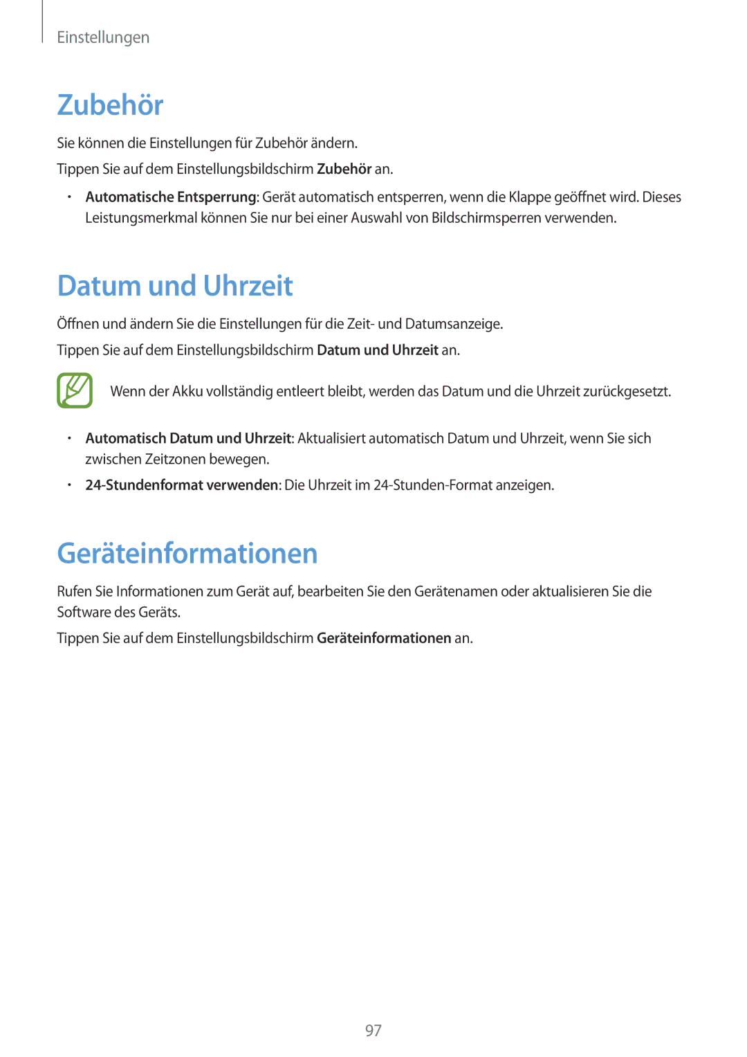 Samsung SM-T555NZKASEB, SM-T555NZKAAUT, SM-T555NZKAATO, SM-T555NZKATPH manual Zubehör, Datum und Uhrzeit, Geräteinformationen 