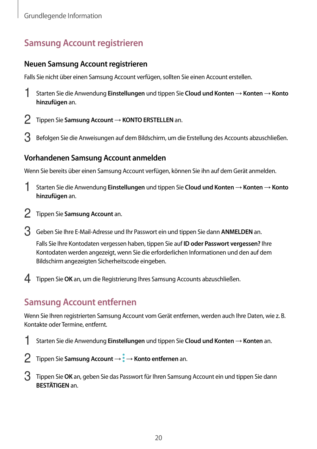 Samsung SM-T555NZKAATO, SM-T555NZKAAUT Samsung Account registrieren, Samsung Account entfernen, Grundlegende Information 