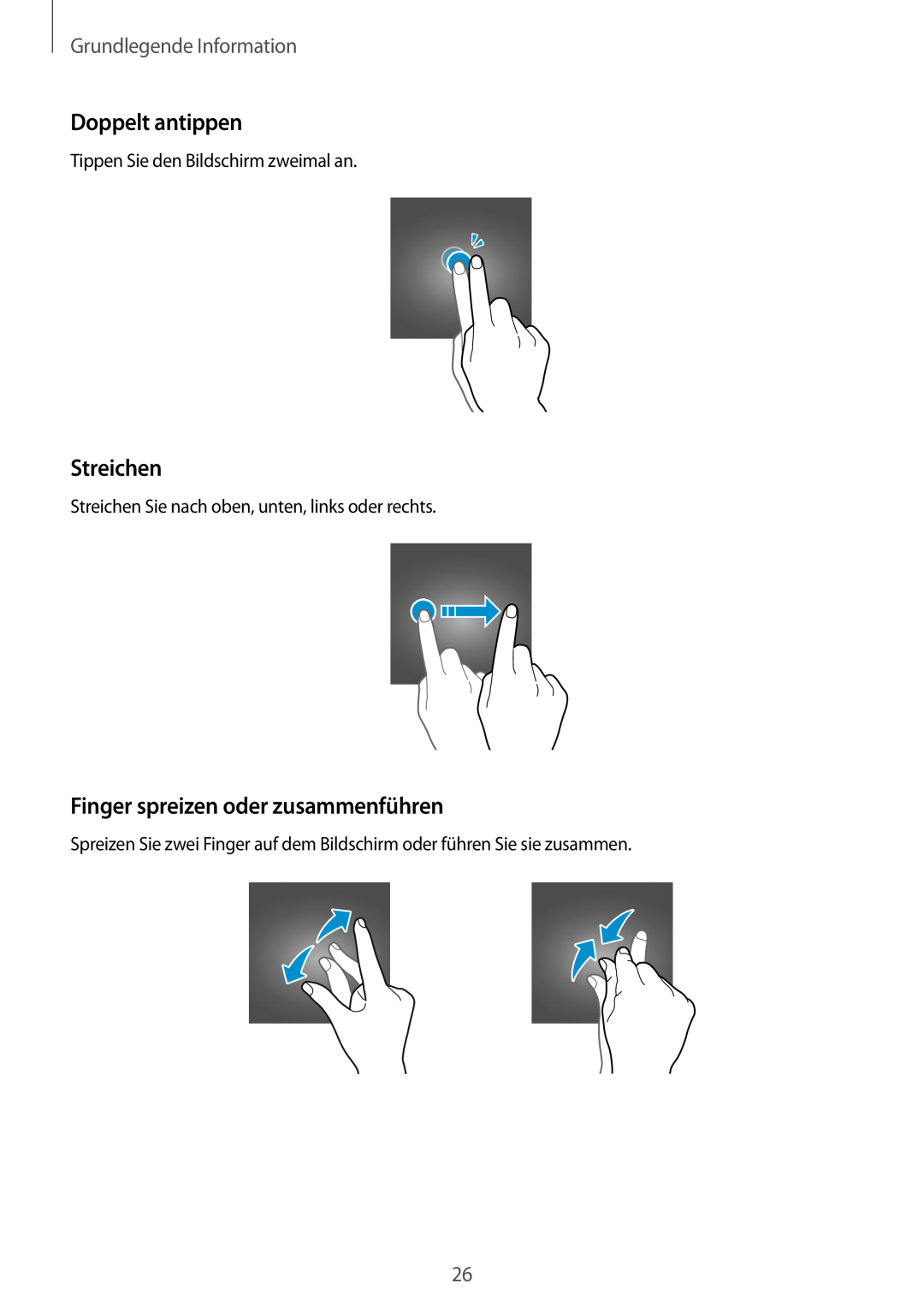 Samsung SM-T555NZKADDE manual Doppelt antippen, Streichen, Finger spreizen oder zusammenführen, Grundlegende Information 