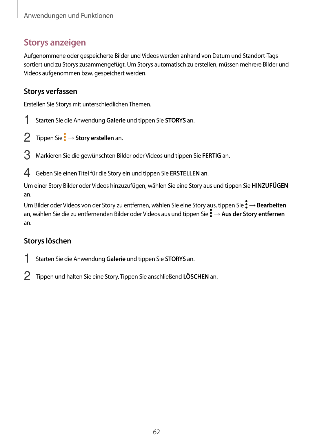 Samsung SM-T555NZWAEUR, SM-T555NZKAAUT manual Storys anzeigen, Storys verfassen, Storys löschen, Anwendungen und Funktionen 
