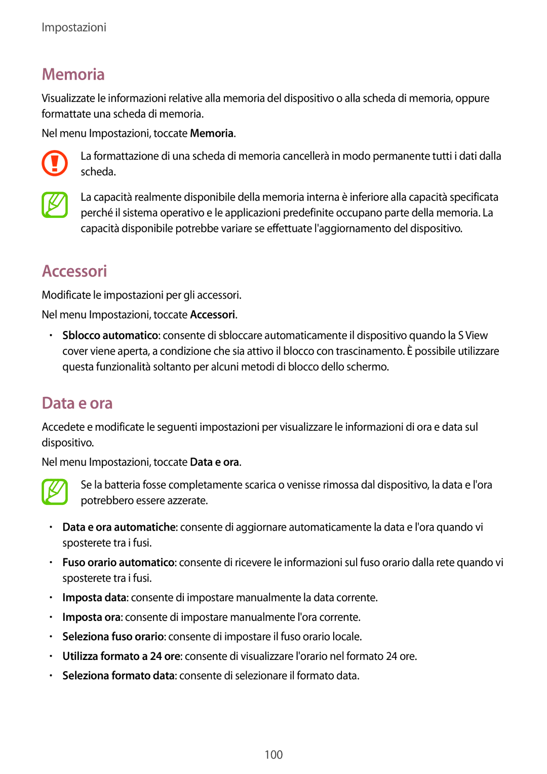 Samsung SM-T555NZWATIM, SM-T555NZKAAUT, SM-T555NZWAVD2, SM-T555NZWADBT, SM-T555NZWACOS manual Memoria, Accessori, Data e ora 