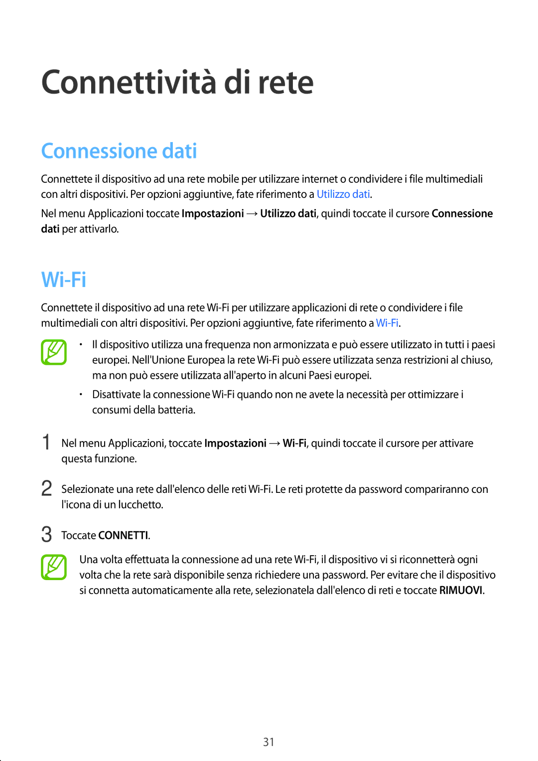 Samsung SM-T555NZAAITV, SM-T555NZKAAUT, SM-T555NZWAVD2, SM-T555NZWADBT manual Connettività di rete, Connessione dati, Wi-Fi 