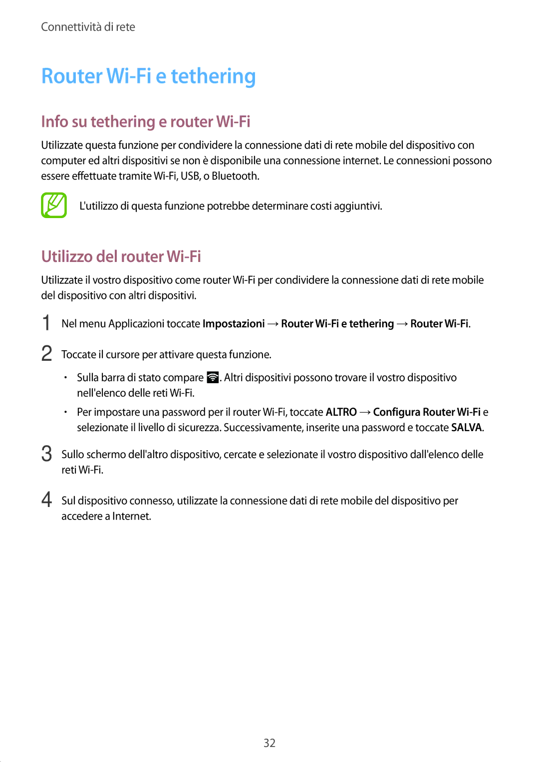 Samsung SM-T555NZWAHUI manual Router Wi-Fi e tethering, Info su tethering e router Wi-Fi, Utilizzo del router Wi-Fi 