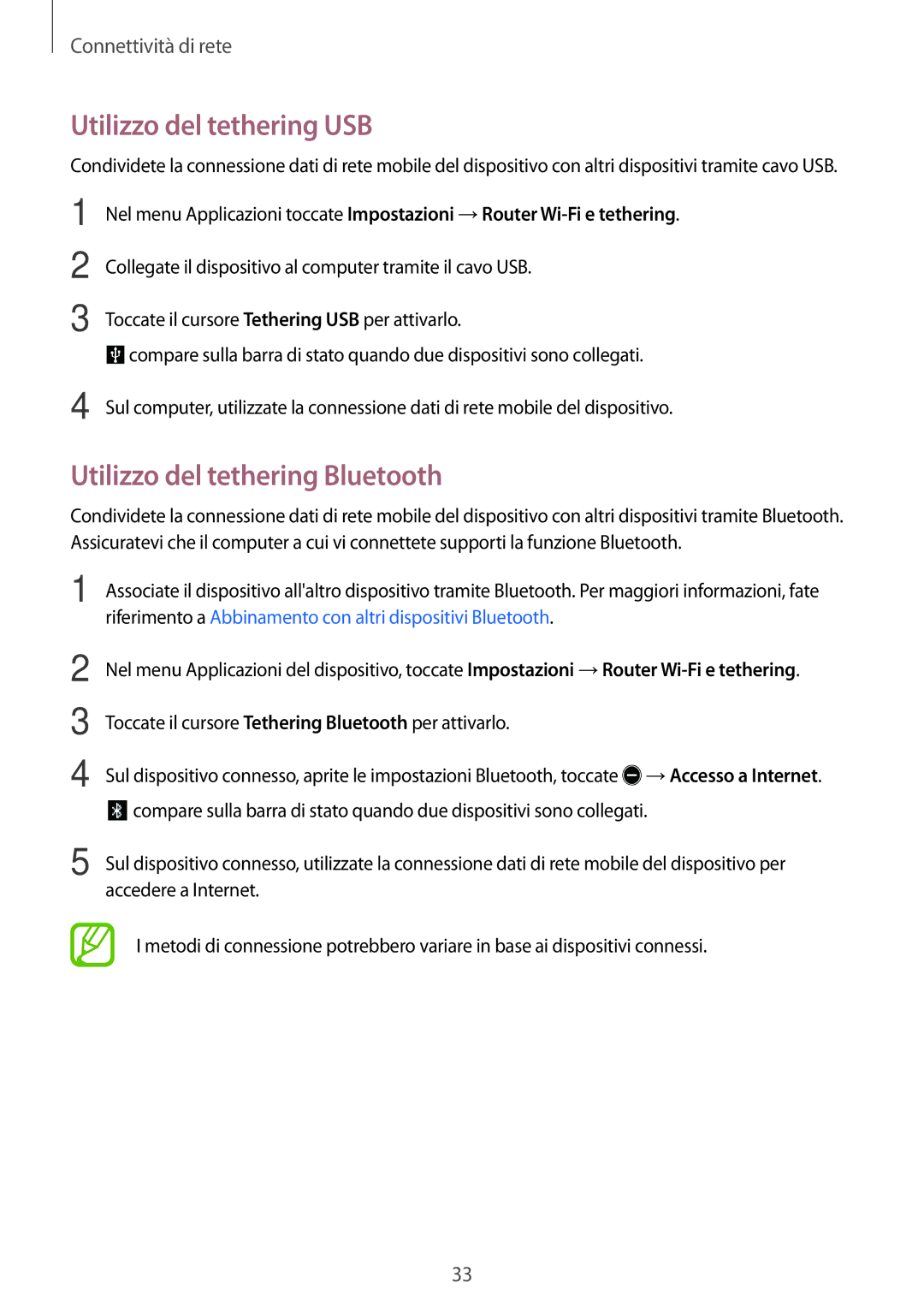 Samsung SM-T555NZWAITV, SM-T555NZKAAUT, SM-T555NZWAVD2 manual Utilizzo del tethering USB, Utilizzo del tethering Bluetooth 